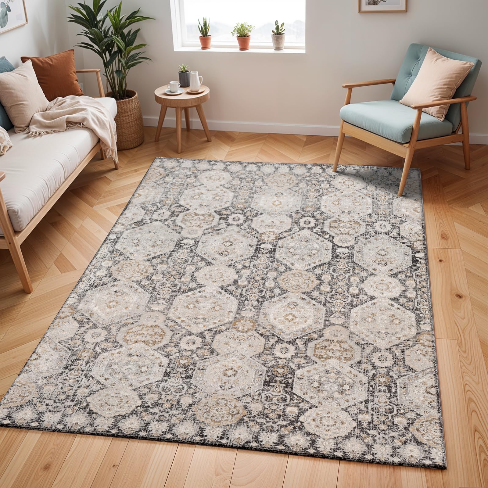 Livabliss Djelfa Vintage Teppich groß - Orientalischer Teppich Wohnzimmer 200x275 cm, Esszimmer, Schlafzimmer - Boho Kurzflor Teppiche für einfache Pflege - Schwarz, Grau, Senfgelb, Beige