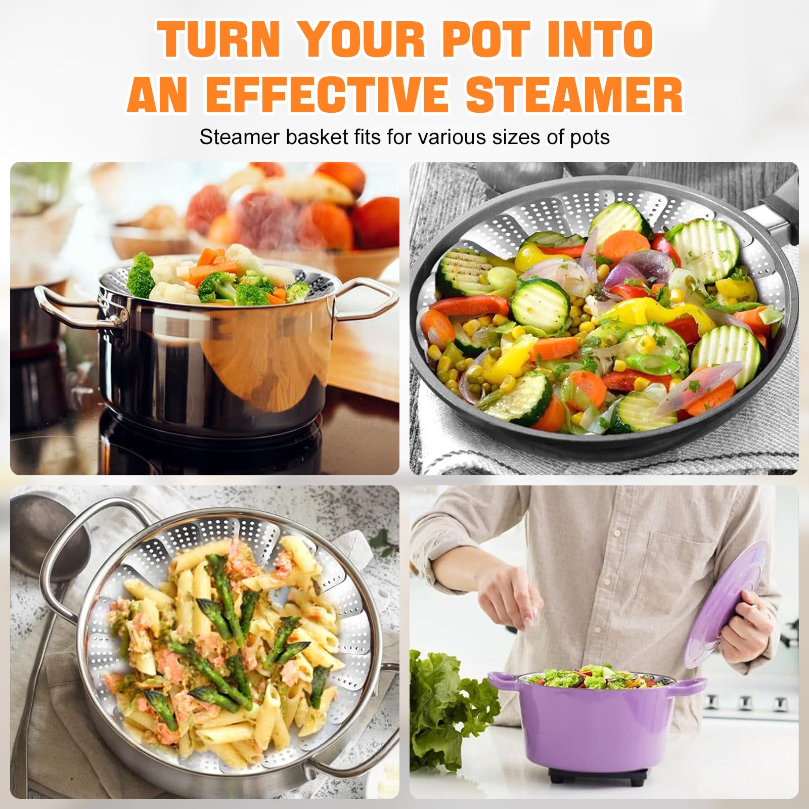 Cesta Vaporera Plegable de Acero Inoxidable, Inserto de Vapor Ajustable para Ollas, Extensible para Cocinar Pescados, Mariscos y Verduras - Ideal para Vaporizar en Casa
