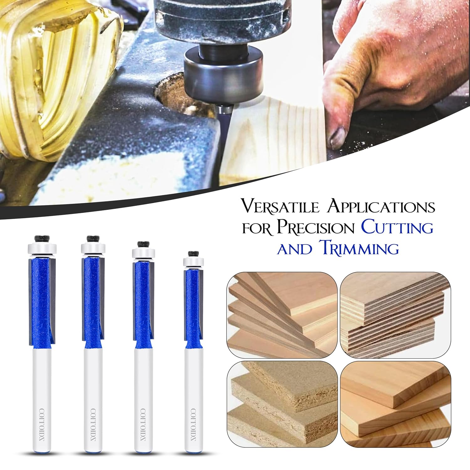 4PCS Flush Trim Router Bit Set 1/4 Inch Shank - Carbide Pattern Top Bearing Flush Trim Router Bit - Cutting Height Respectively 3/4", 1", 1-3/16", 1-3/16