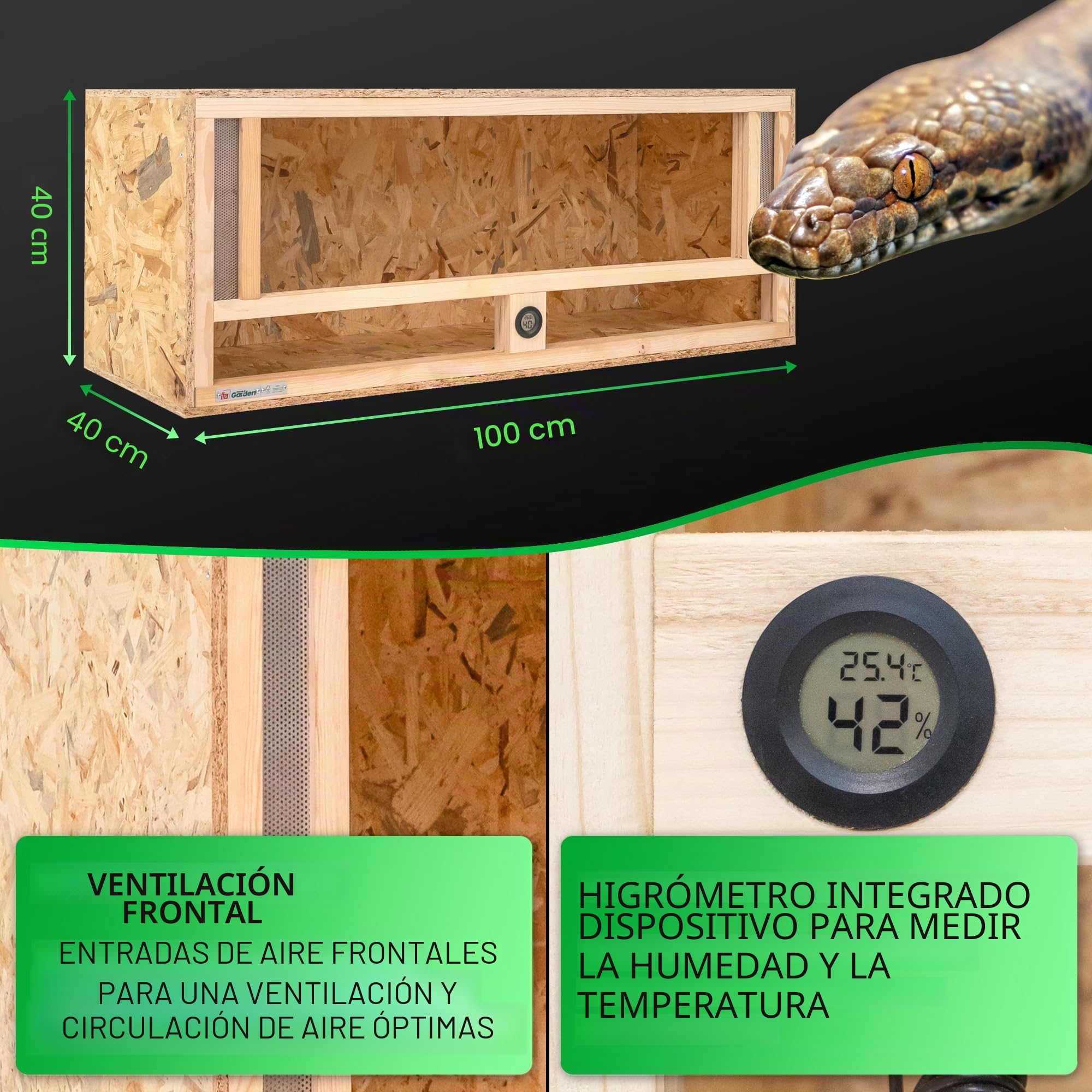 ITA Terrario de Madera 100x40x40 cm con ventilación Frontal e higrómetro Integrado - Terrarios de OSB-3 - para Reptiles, Serpientes, Anfibios - Producto UE, Certificado FSC