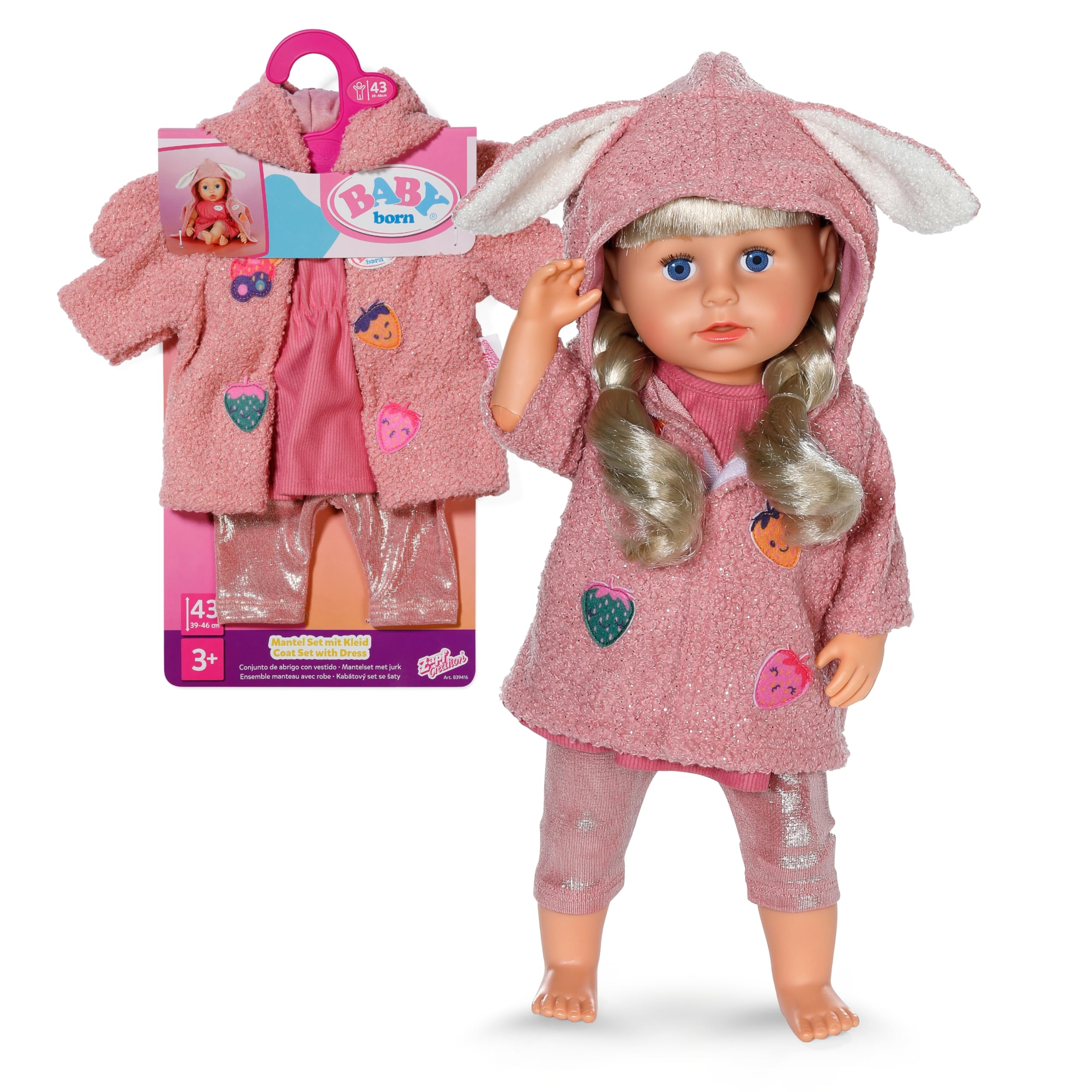 BABY born Coat Set - Cosy doll outfit with bunny ears - Inclusive dress, leggings & coat - Fits all 43cm dolls - Premium doll accessory
