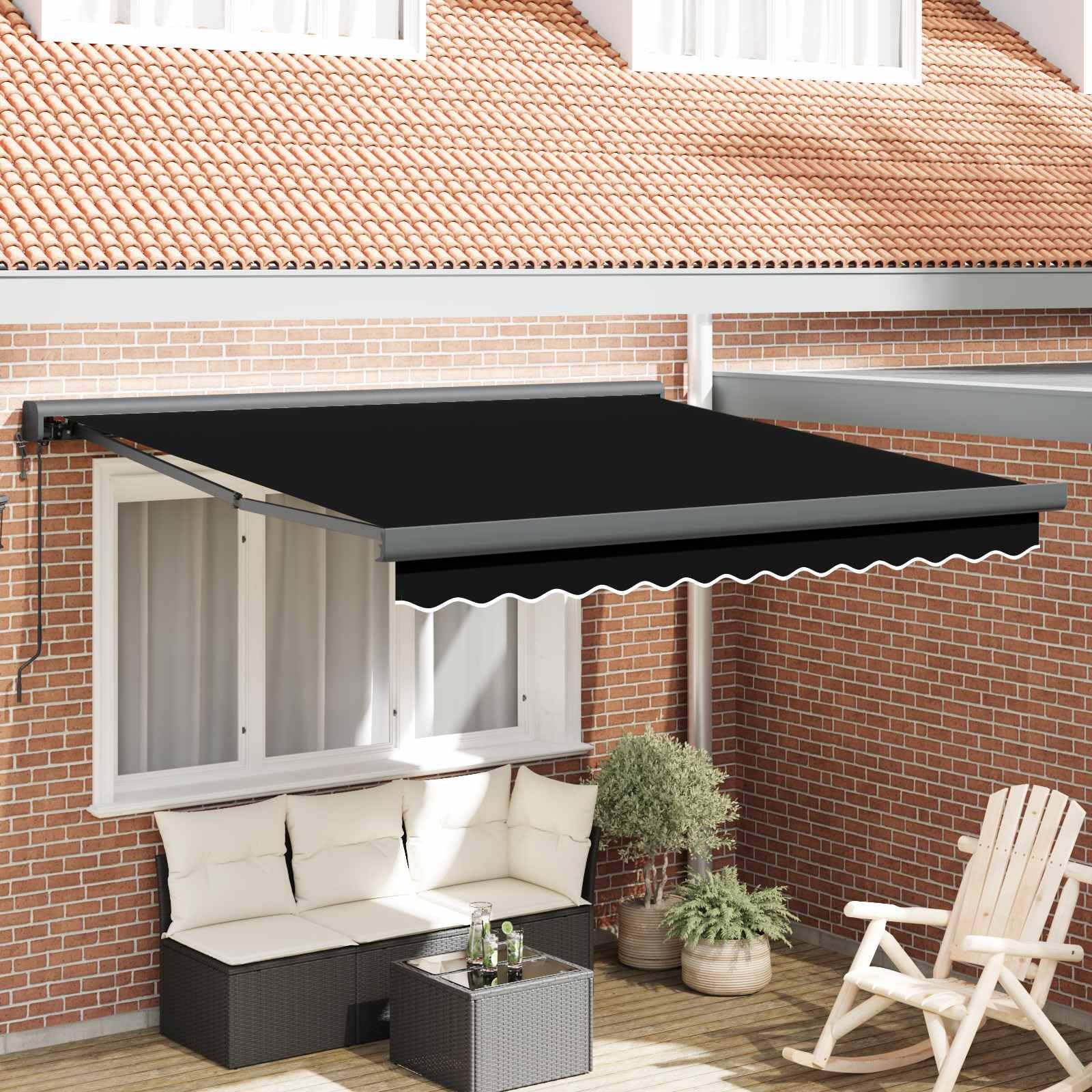 Wysuwana czarna markiza 300 x 250 x 165 cm, na balkon, taras, do ogrodu, z materiału i metalu, odporna na wiatr, wodoszczelna, odporna na warunki atmosferyczne, motoryczna lub ręczna