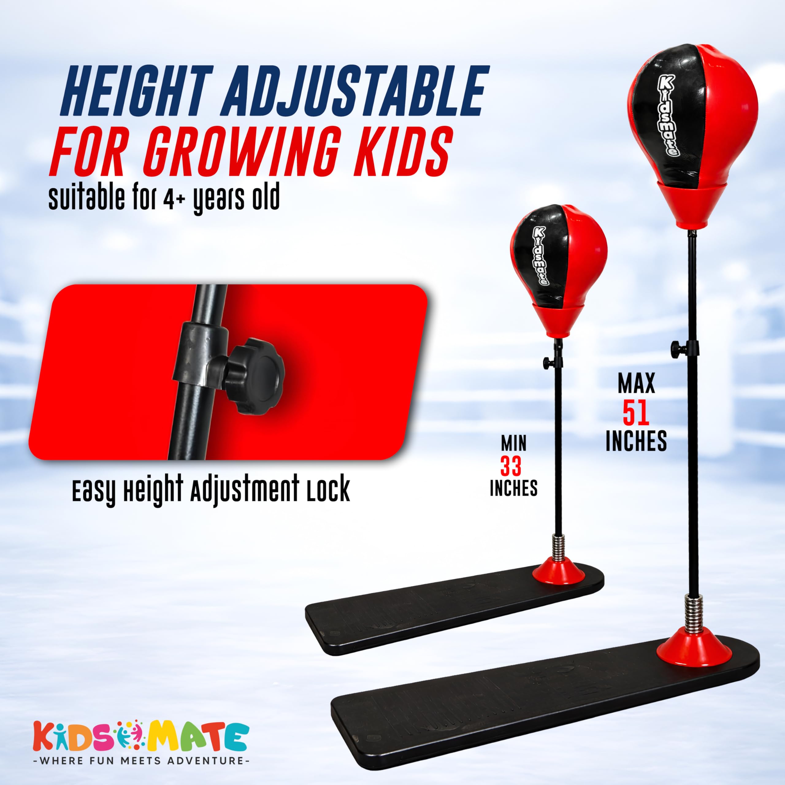 Kidsmate Power Punch Boxing Punching Stand for Kids with Gloves & Pump | Adjustable Height Freestanding Punch Ball, Fitness Training Indoor Exercise Toy for Boys & Girls of Ages 3-15 yrs - Red/Black 2