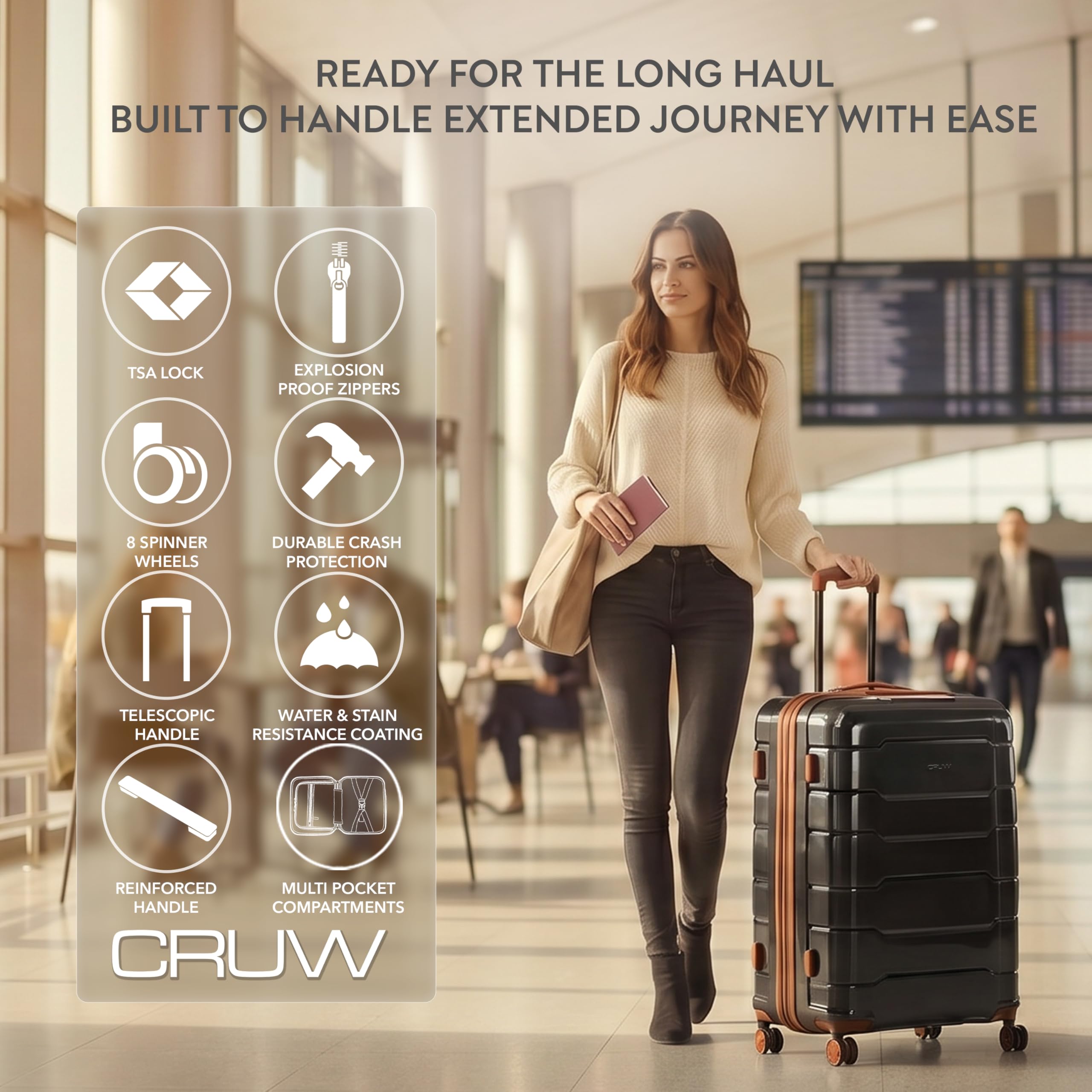 CRUW Large 28" Checked Luggage 77x51x32cm + Expandable Hold Baggage (114/121 Liters) Polypropylene Suitcase TSA Approved Lock 8 Silent Spinner Wheels Lightweight Suitcases Airline-Approved Travel