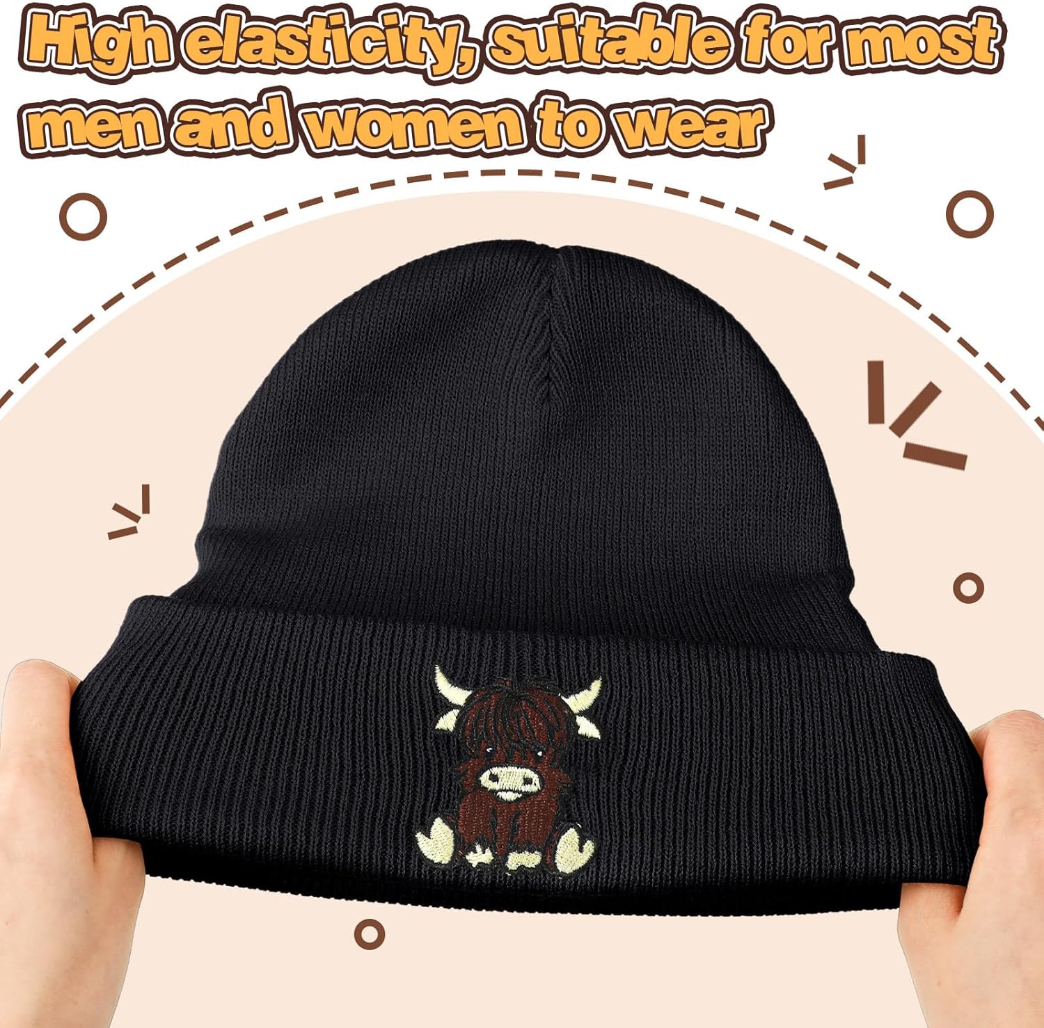 Hicarer Black Highland Cow Beanie Winter Hat for Women Cute Beanie Womens Winter Hat Gifts for Women Gifts Animal Lovers - Image 3