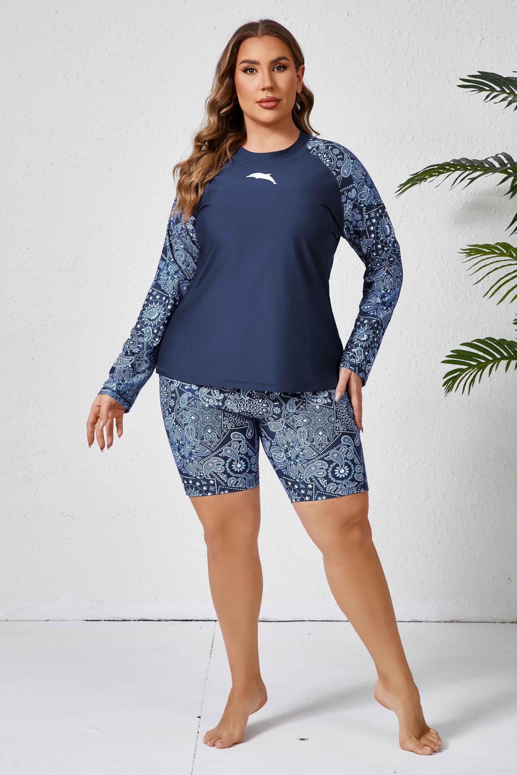 Halcurt Sujetador integrado de manga larga para mujer, talla grande, traje de baño de 2 piezas y pantalones cortos