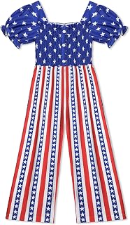 4th of July Toddler Girl Outfit Ruffle Square Collar Romper American Flag Wide Leg Jumpsuit Girls 4th of July Outfit