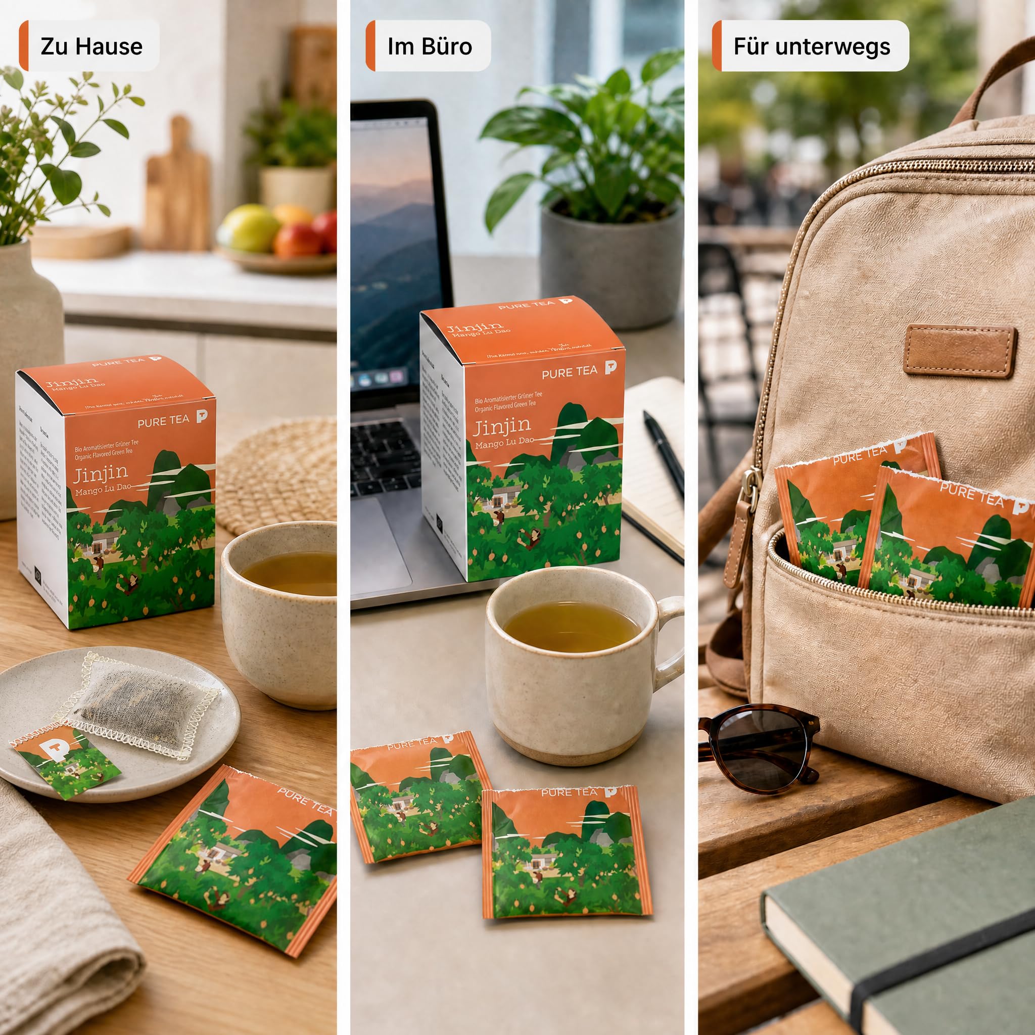 6 x PURE TEA Jinjin Grüner Tee Mango Lu Dao, aromatisierter Premium Grüntee in flachen Kissenbeuteln, je 15 x 3 g, einzeln verpackt, Dispenserbox 12 x 9 x 9 cm, glutenfrei