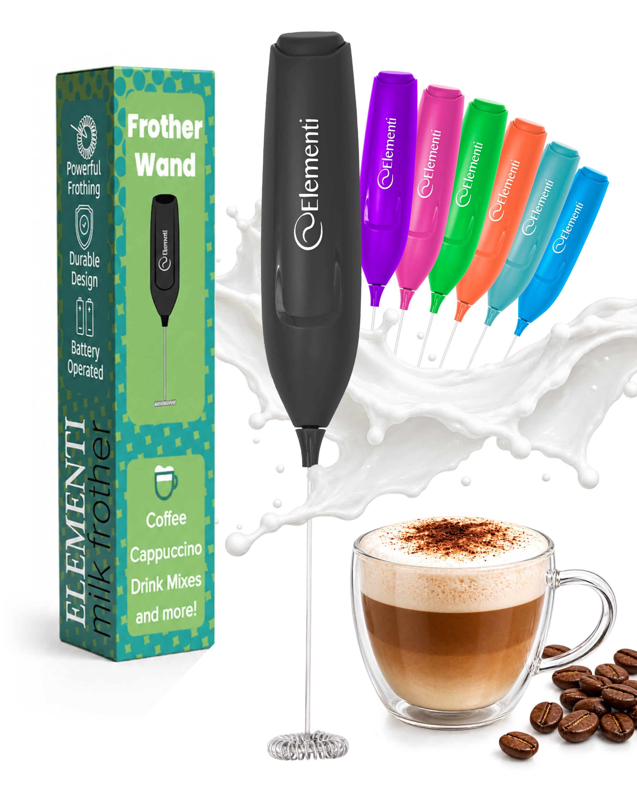 Elementi Frother Wand – Powerful Milk Frother &amp; Coffee Stirrers Electric, Matcha Whisk for Dreamy Lattes, Powerful Coffee Mixer Wand &amp; Blender Stirrer - Make Creamy Cappuccinos at Home (Black)