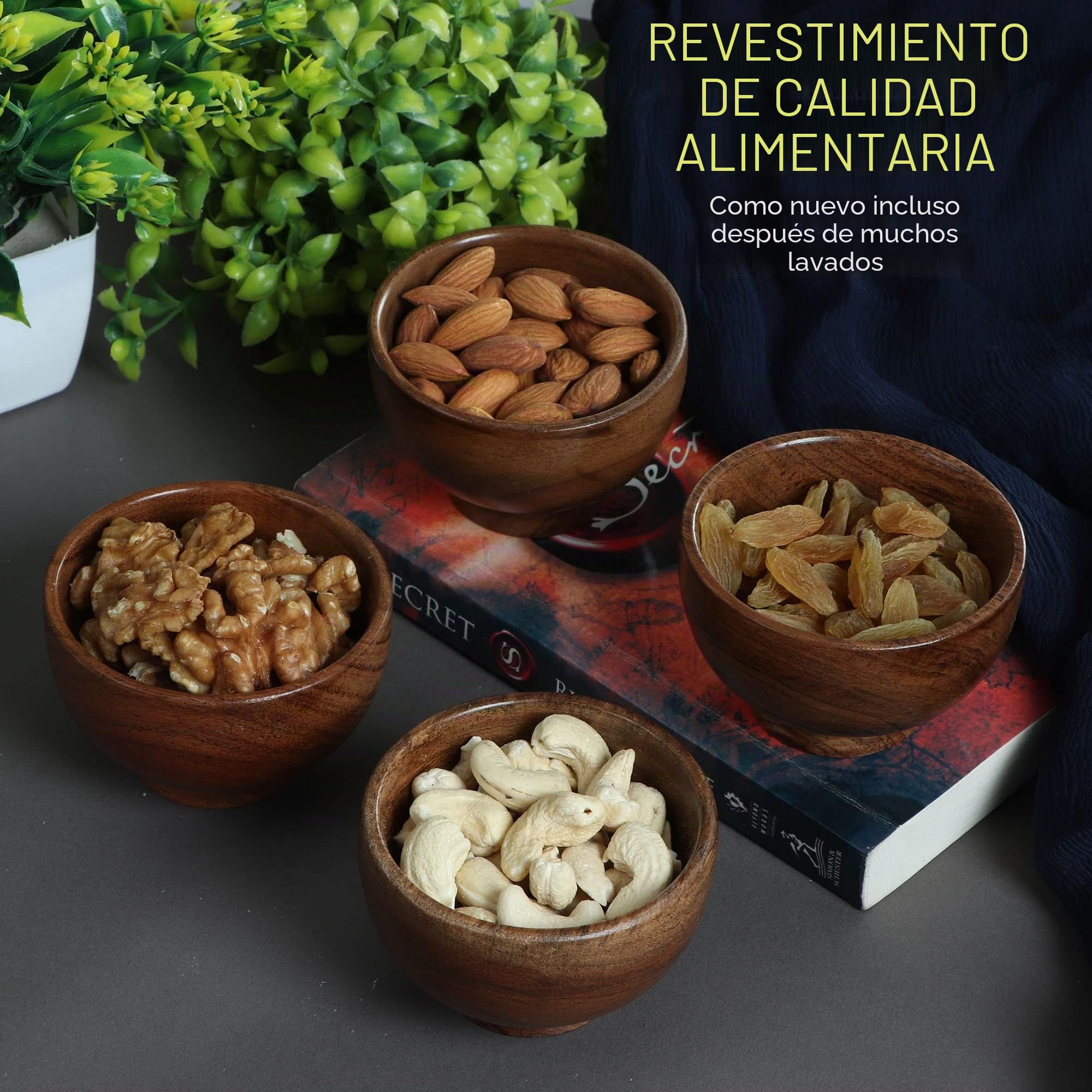 Juego de 6 cuencos pequeños de madera de acacia | 120 ml cada uno| Tazas de cocina de madera tallada a mano para servir salsas, nueces, dulces y condimentos | lindas mini tazas |13x5 cm