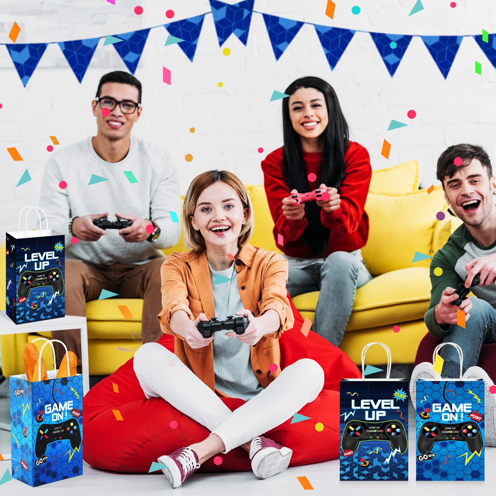 Saypacck 30 bolsas de regalo para fiestas de videojuegos, suministros de fiesta temática de jugadores, bolsa de papel con asa, regalos de fiesta de juegos para niñas y niños (azul, estilo de juego)