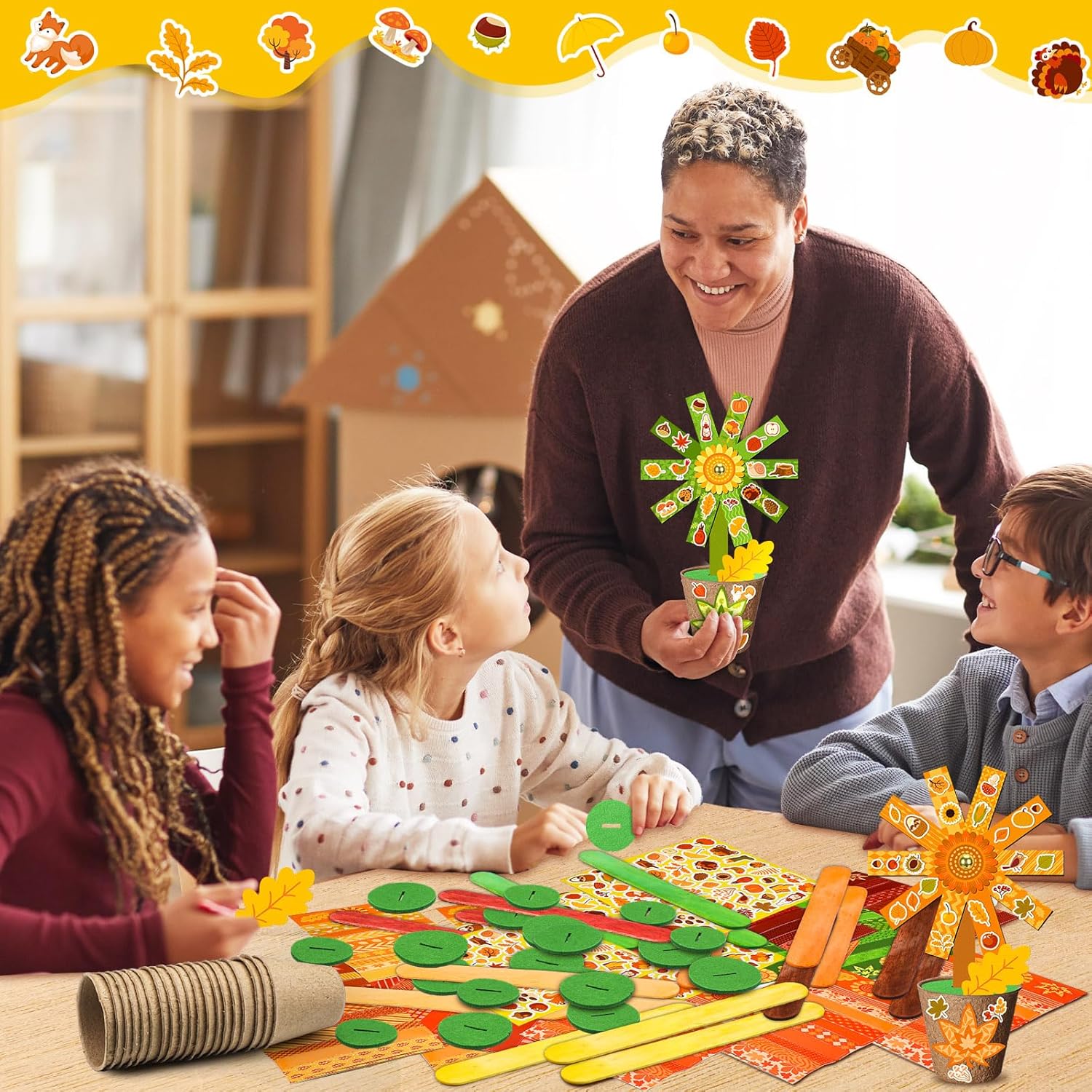 48 Pack Thanksgiving Flower Pot Paper Craft Kits DIY Thank Autumn Maple Leaf Pumpkin Acorn Decor Make Your Own Flowers Craft with Sticker for Thanksgiving Education Harvest Holiday