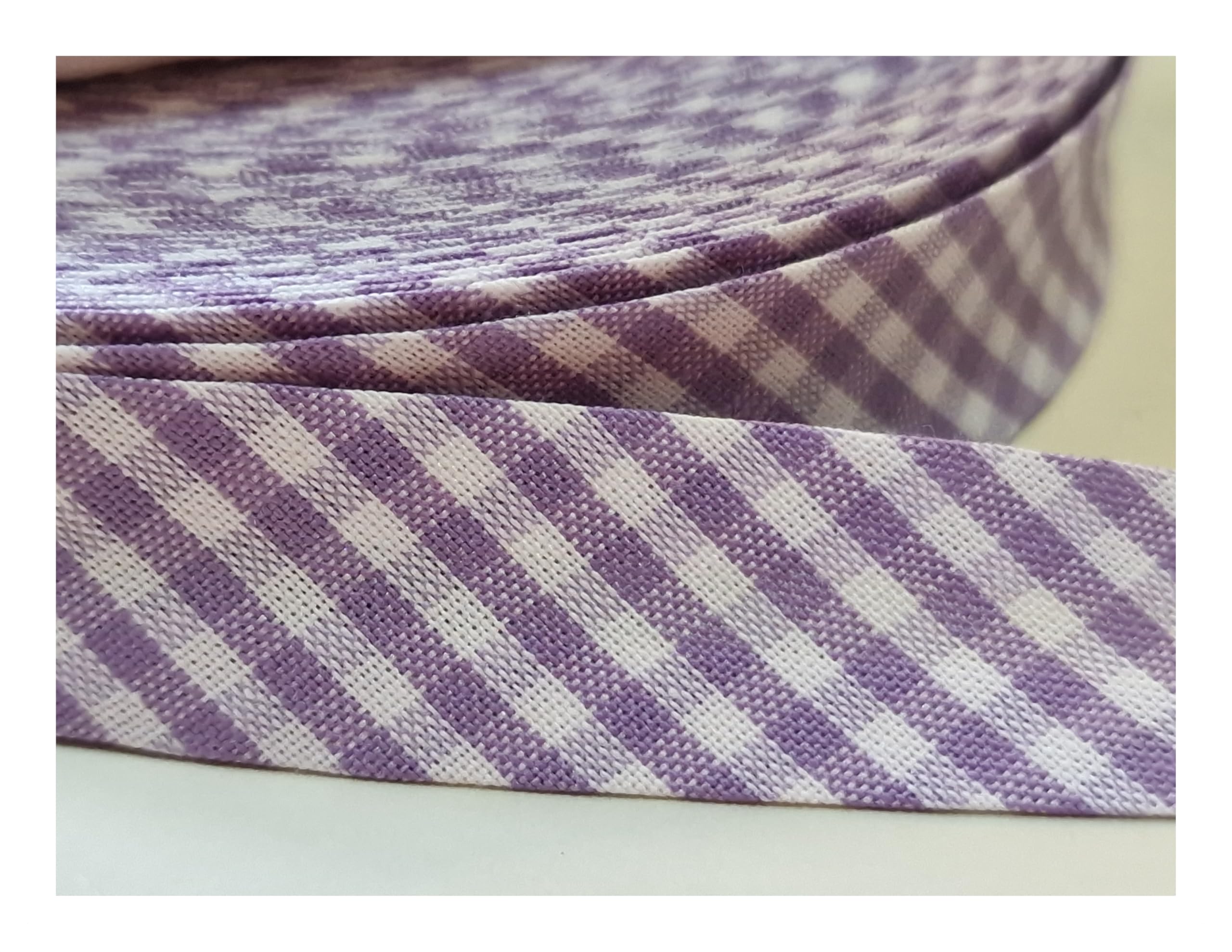 5m of 18mm Wide Cotton Gingham Bias Binding Tape 5m Single Folded, Edging Quilting Sewing, Bunting, Craft, Upholstery, Piping & Garments. UK Seller (Lavender)
