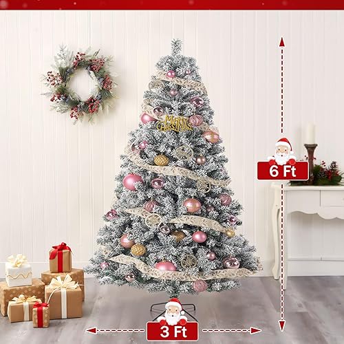 Miniatura 10 de Árbol de Navidad artificial de 6 pies, árbol de Navidad flocado con 1000 puntas de rama, bisagras de metal y base plegable para decoración navideña