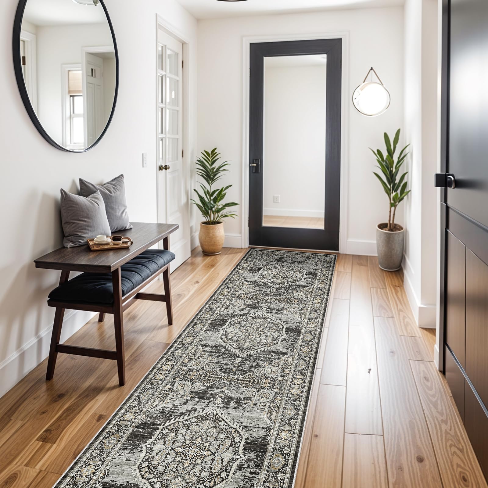 Washable 3x12 Runners for Hallway : Vintage Stain Resistant Living Room Runner Rug Long Oriental Ultra Soft Kitchen Floor Mat Farmhouse Non Shedding Accent Bedroom Bathroom Carpet (Black,3x12)OEKO-TEX STANDARD 100