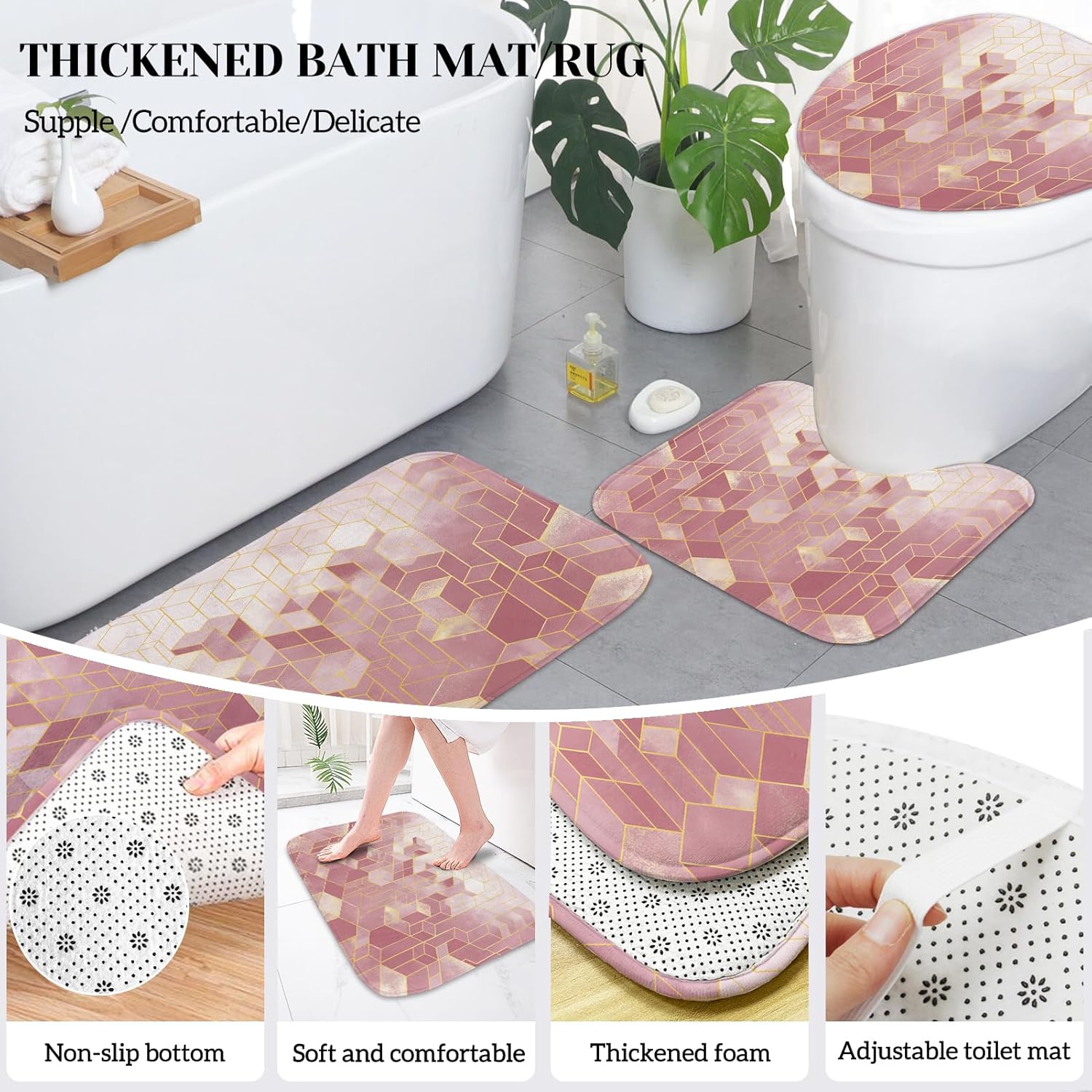 Lnond Pink Bathroom Set, Pink Abstract Cubes Bathroom Accessories Sets Complete, Luxury Restroom Set with Shower Curtain and Rugs, Trash Can, Toilet Brush Holder Set & Soap Dispenser