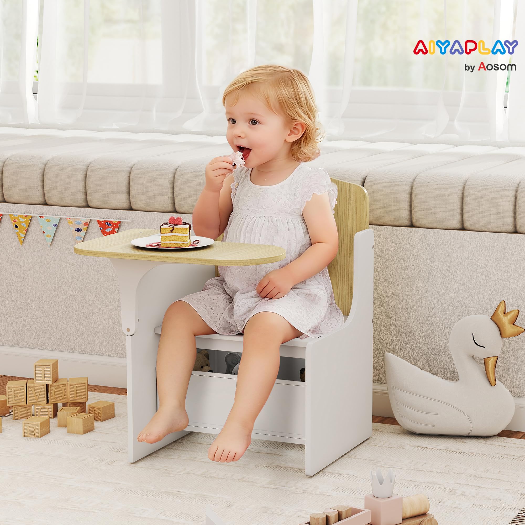 AIYAPLAY Juego de Mesa y Silla para Niños, Escritorio y Silla para Niños con Cubos de Almacenaje, Escritorio para Niños 2 en 1 para Jugar, Leer, Pintar, Juego de Mesa de Actividades para 3-5 Años,