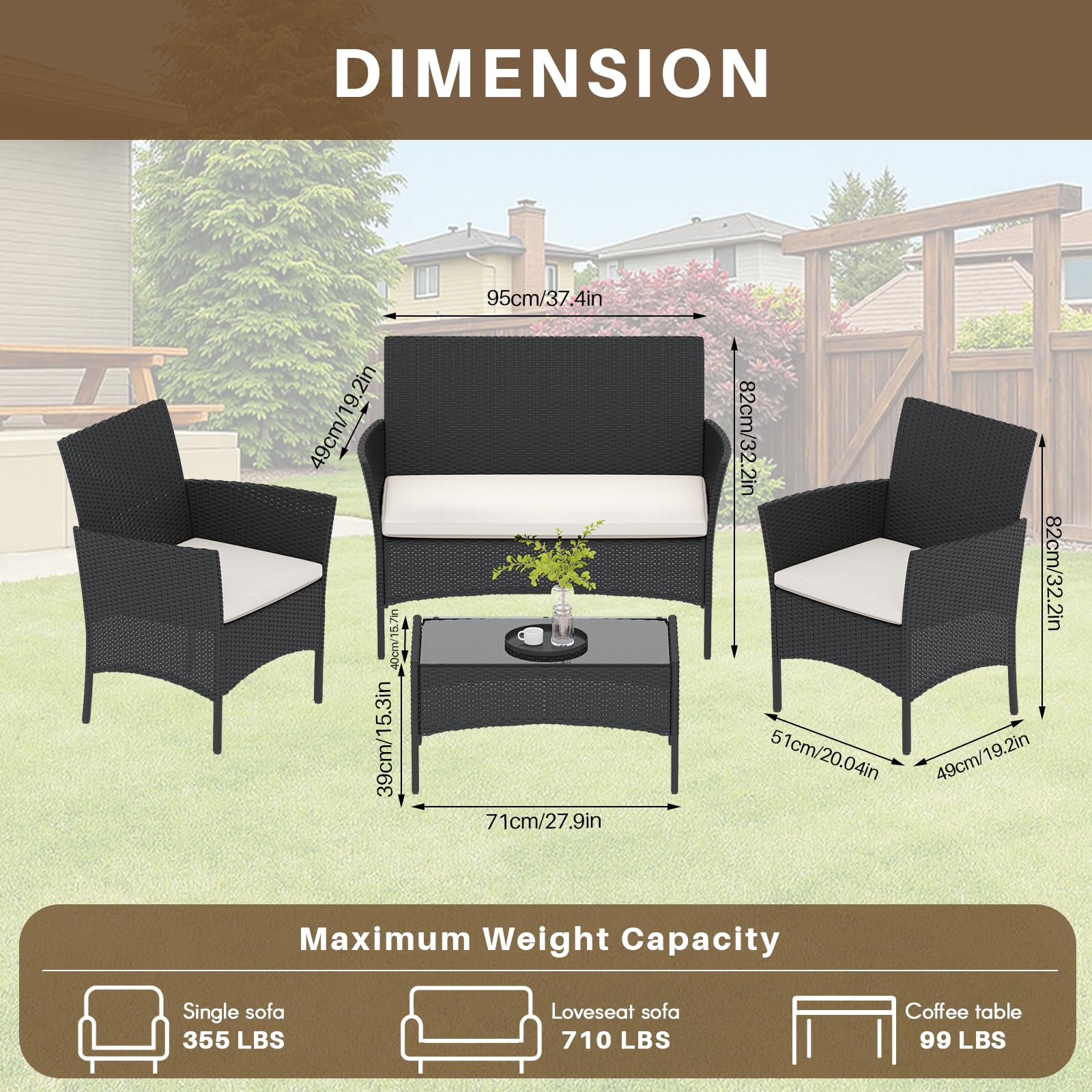 Bigzzia Juego de Muebles de Jardín de Ratán, 4 Piezas, Muebles de Ratán para Patio, Sofá de Tejido de Mimbre Incluye 2 Sillones, 1 Sofá de Doble Asiento y 1 Mesa