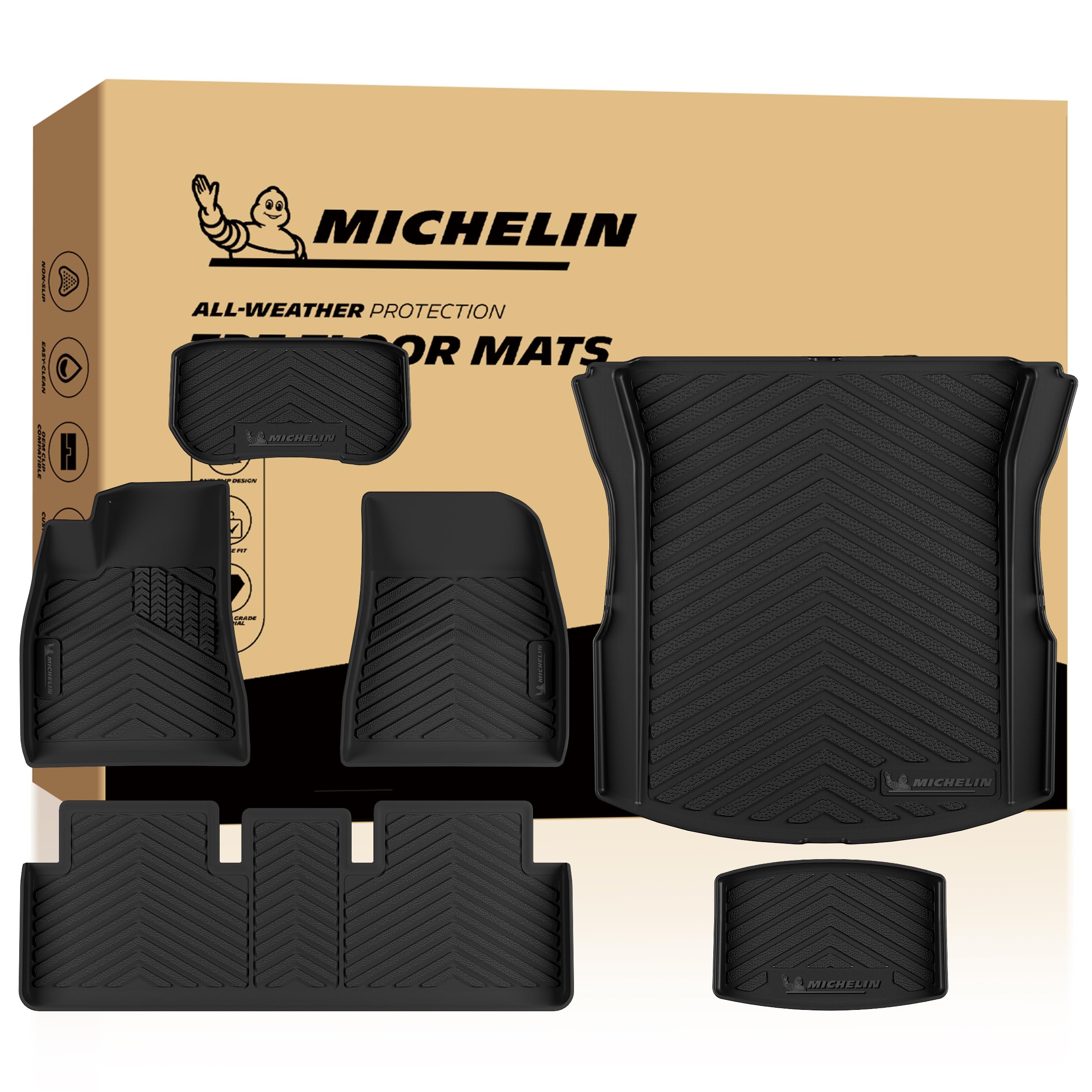 Michelin 차량 매트, 프리미어 시리즈 전천후 TPE 맞춤형 핏 라이너 2024-2027 테슬라 모델 3 바닥 매트용 (6피스)