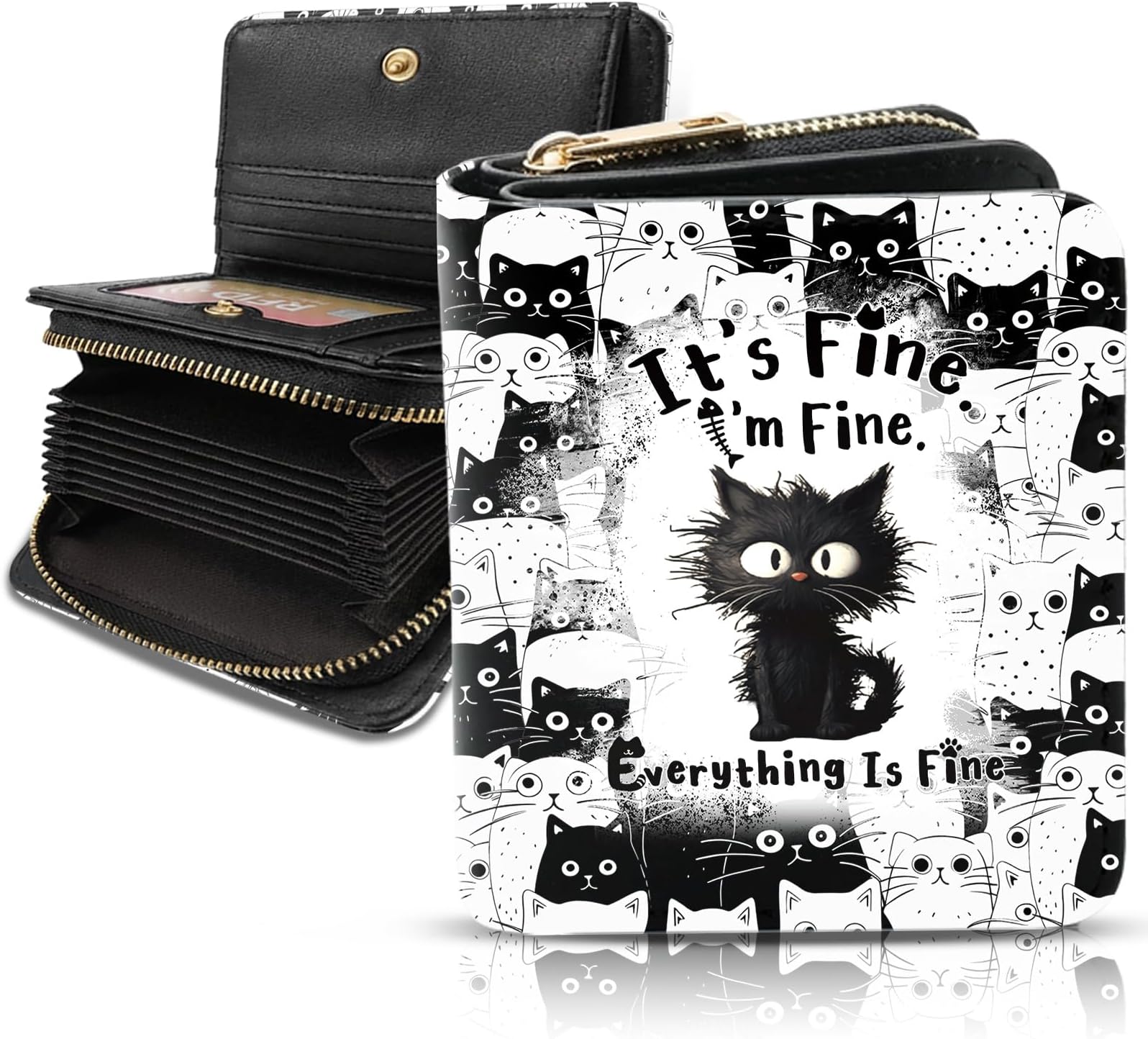 Cute Cat Wallet for Women, PU Leather Accordion Wallet, Credit Card Holder with 1 ID Window 14 Card Slots, Zipper Coin Purse for Ladies Girls Teen Female