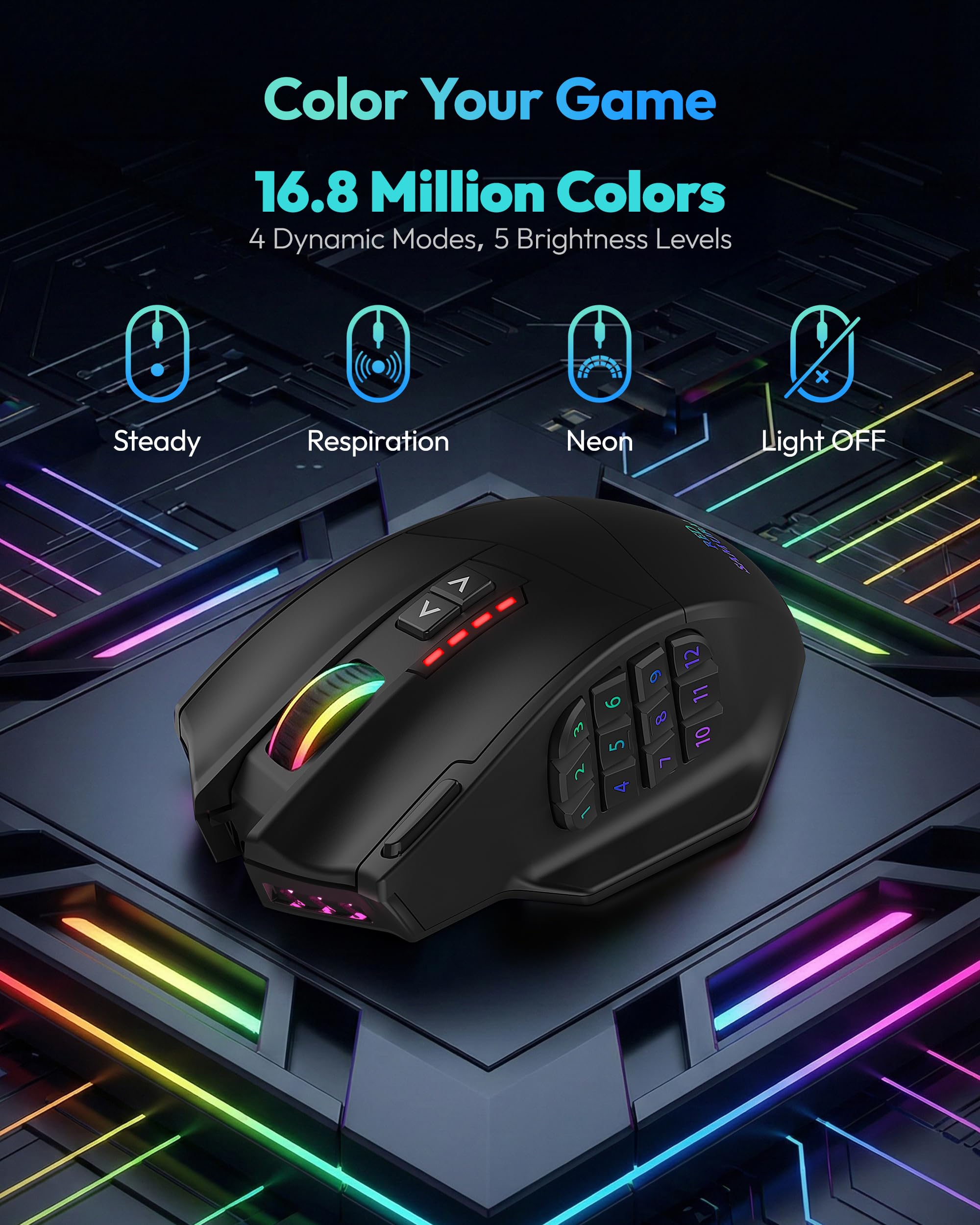 RED SAMURAI Souris de jeu MMO sans fil, 12 boutons latéraux, 16 boutons programmables, 16 000 DPI, souris rechargeable RVB, batterie de 70 heures, souris macro USB-C sans fil/filaire 2,4 G pour PC