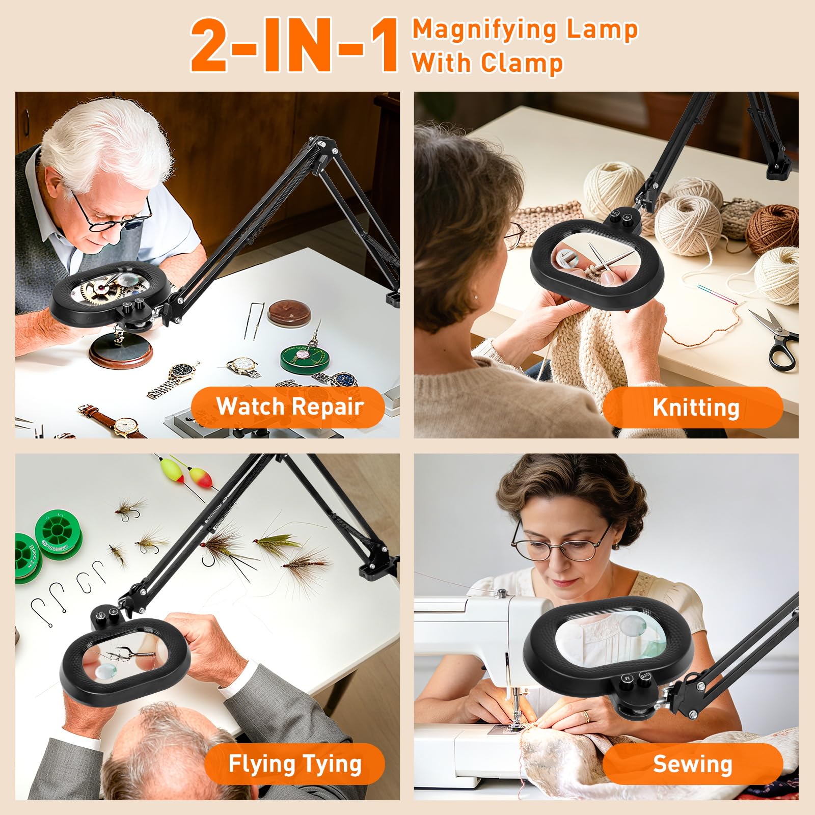Lupa de 10 aumentos con luz y soporte, 2 en 1 con base grande y abrazadera LED, cualquier modo de color, regulable continuamente, manos libres, lupa iluminada para manualidades, lectura,