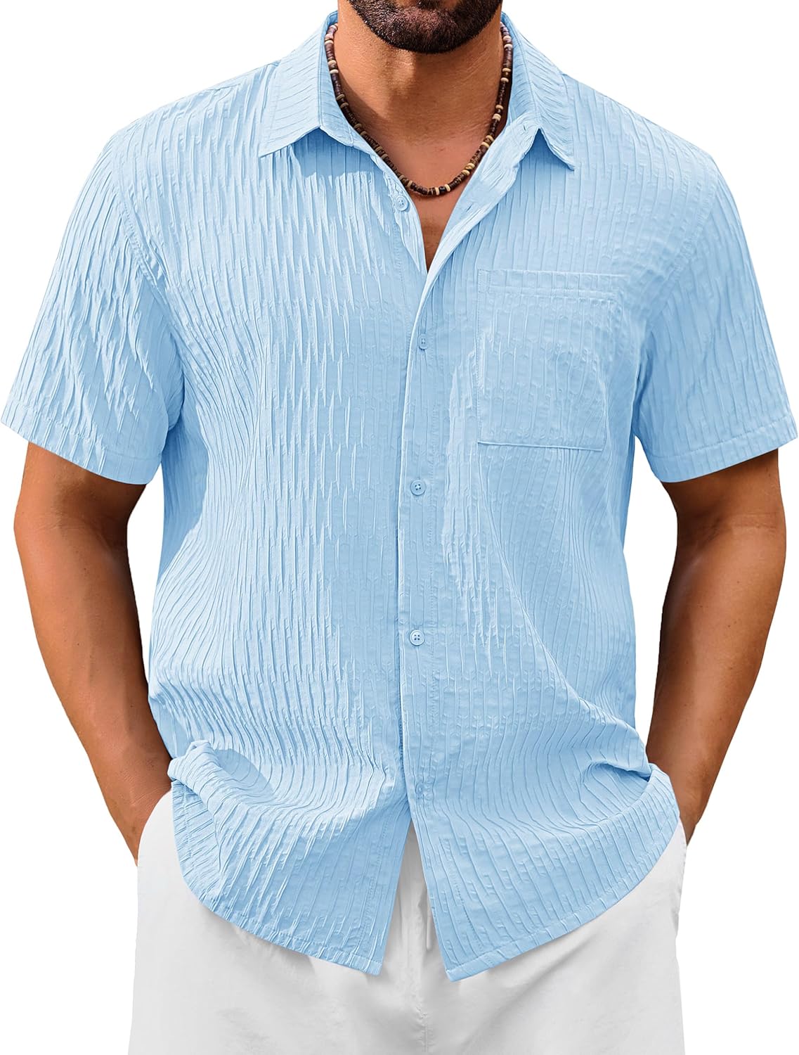 Cotrasen Men's Short Sleeve Button Down Shirts Casual Textured Shirts Summer Beach Vacation Shirt with Pocket
