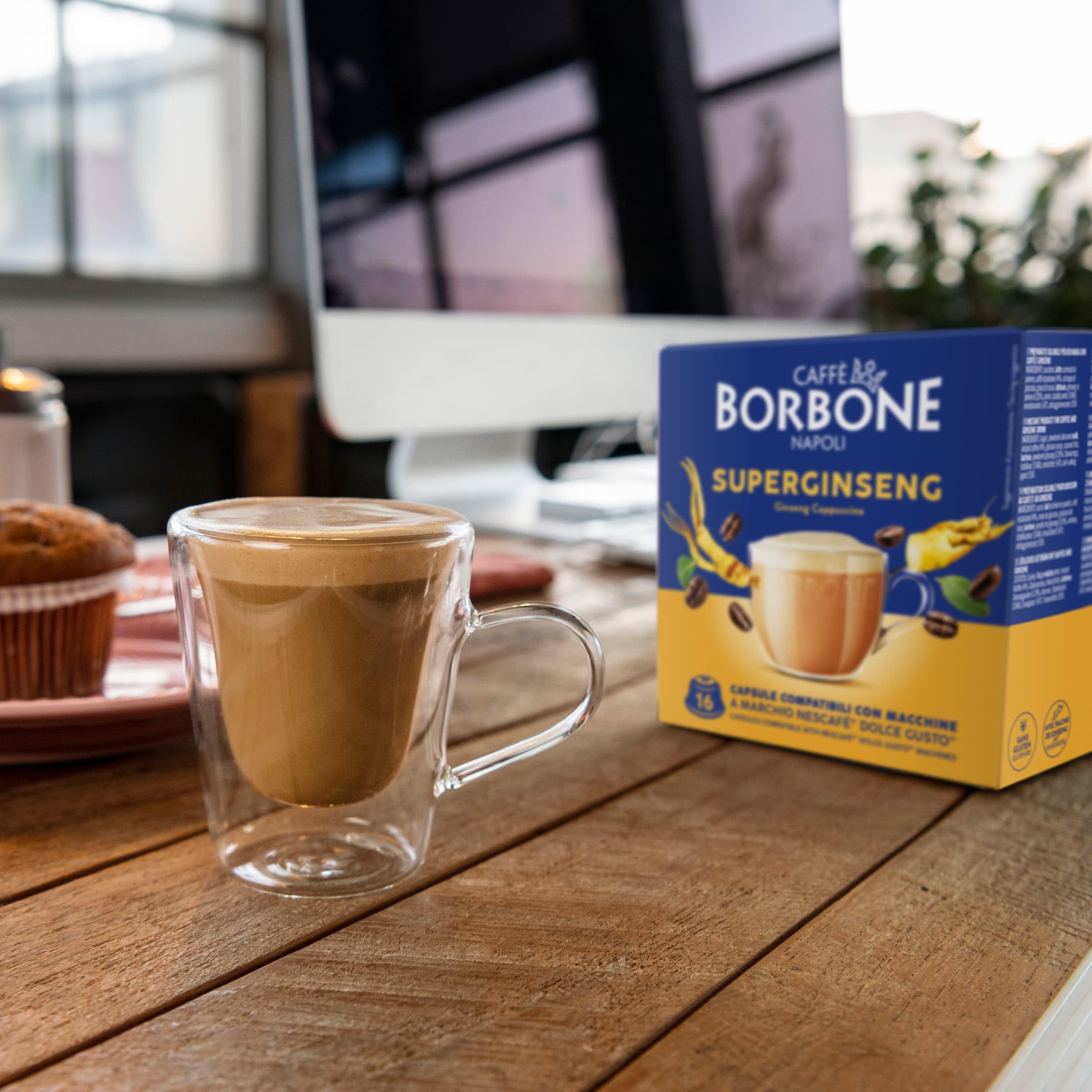 CAFFÈ BORBONE 154 cápsulas compatibles con las máquinas Nescafé® Dolce Gusto® - Kit surtido: 90 cápsulas de Espresso Fuerte 8/10 + 64 de Ginseng (4 paquetes de 16)