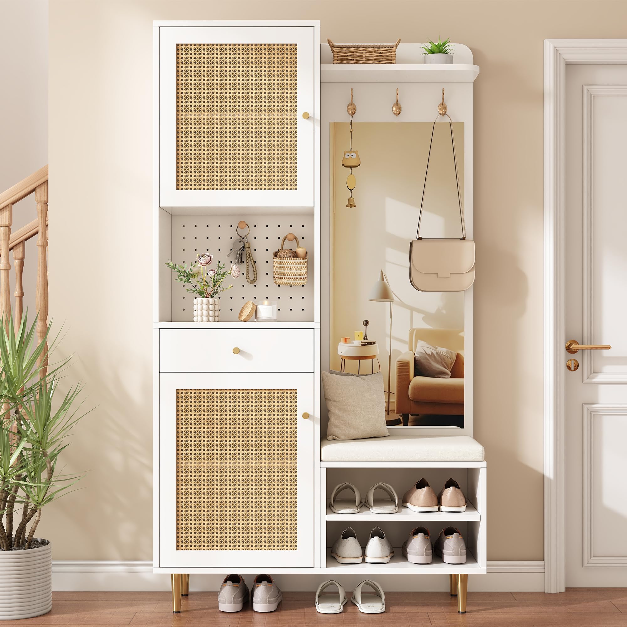 Set guardaroba con scarpiera, specchio, ganci e scarpiera, cassettiera con 2 ante in rattan, 1 cassetto, scarpiera aperta e parete forata, gambe in ferro, per corridoio e ingresso, 99 x 35 x