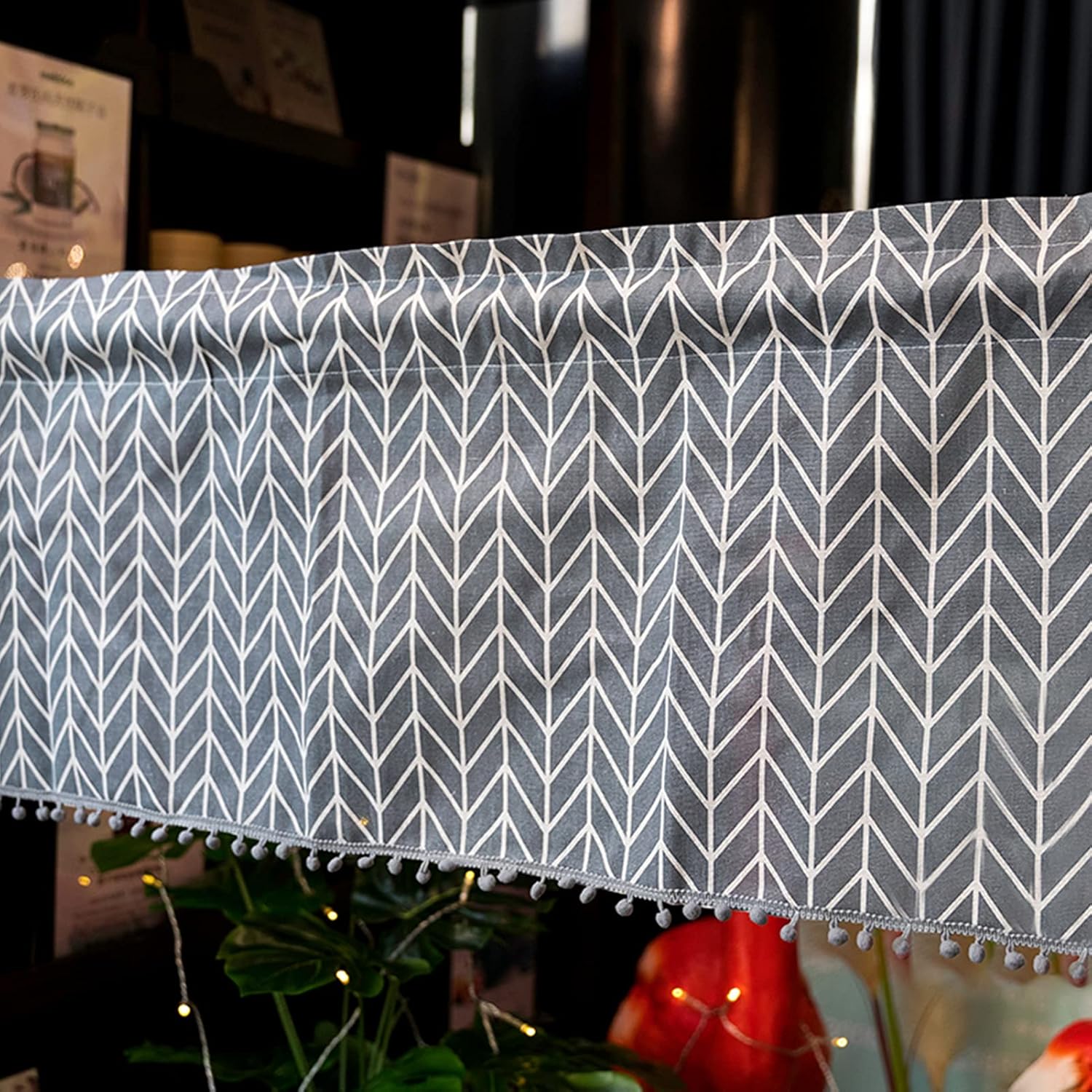 Kitchen Curtains Disc Curtains,Lattice Short Blinds Curtains Valance with Pompoms,Cafe Curtains Country Style,Semi-transparent Bistro Curtain Tier Curtains for Kitchen Bedrooms Offices Living Rooms