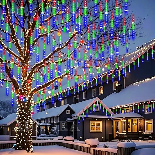 Miniatura 12 de Aukora - Luces azules de Navidad para exteriores, enchufe UL, 24 tubos, 576 LED de lluvia de meteoros, tándem de témpanos, nieve, decoración de