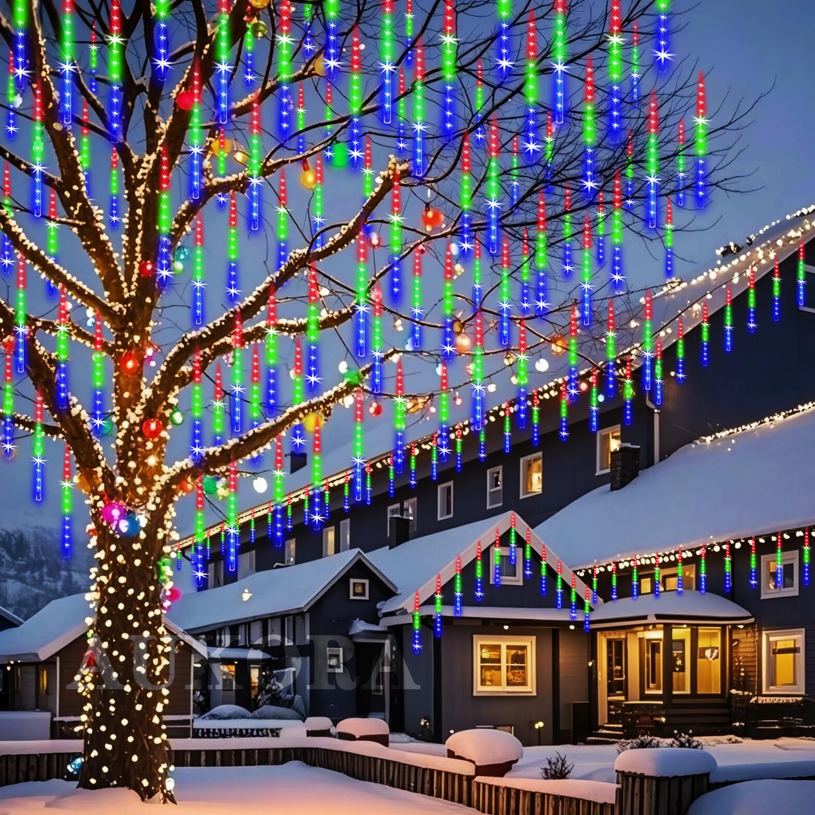 Aukora Meteor Shower Lights UL Certified Outdoor Christmas Lights 12inch 8 Tubes 192 LED Snow Falling Icicle Cascading Light for Xmas Tree Decoration Halloween Wedding Party Holiday Yard, Multicolor