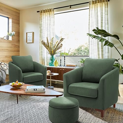 COLAMY Sherpa Accent Chair with Storage Ottoman Set of 2, Upholstered Barrel Arm Chair with Footrest, Modern Living Room Chair with Back Pillow, Green