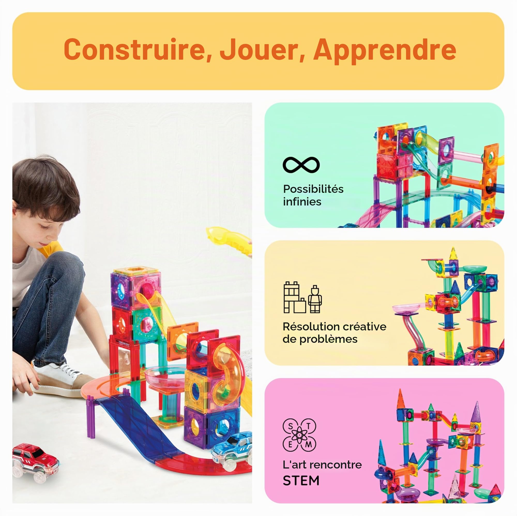 PicassoTiles PTG108 Ensemble de 108 pièces magnétiques en marbre avec tuiles de construction et toboggans de voiture pour enfants à partir de 3 ans