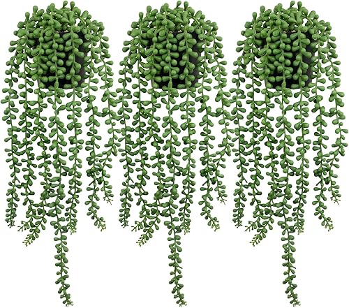 LOYWREE 3 piezas de plantas falsas de interior, planta artificial de cadena de perlas en macetas negras, plantas colgantes suculentas artificiales