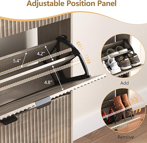 Miniatura 6 de Armario de almacenamiento para zapatos para entrada con 4 cajones abatibles, armario de zapatos acanalado gris con estantes ajustables, estante