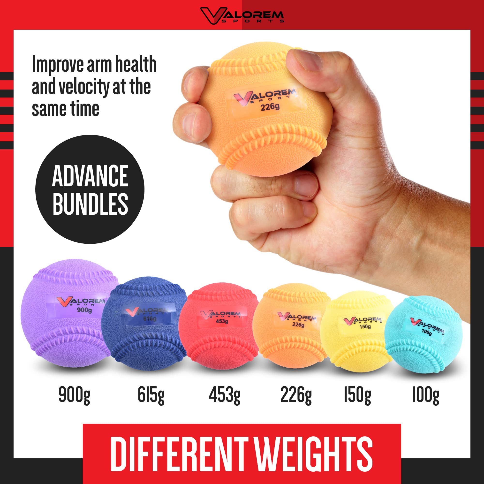 Valorem Sports Plyo Balls Baseball Set - Bonus J-Bands, Loop Bands & Carry Bag - Set of 6 (3.5 to 32 oz) - Soft Shell, Weighted Plyocare Balls for Pitching, Hitting & Batting Training