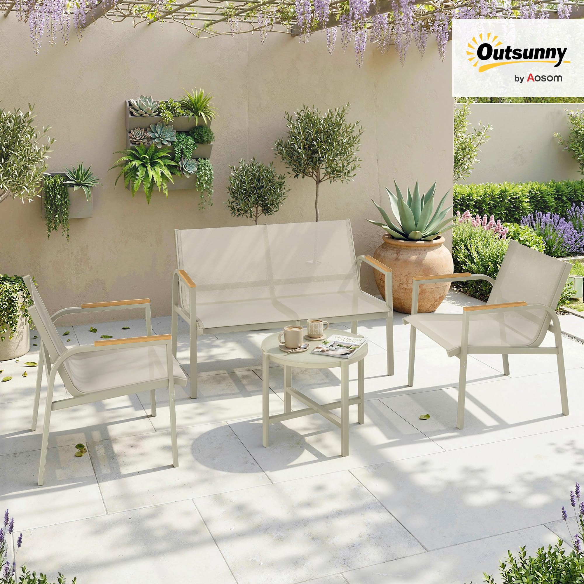 Outsunny Salon de Jardin 4 Pièces en Textilène, Ensemble de Terrasse avec Canapé 2 Places, 2 Fauteuils et Table Basse en Verre Trempé, Mobilier de Jardin pour Balcon ou Piscine, Vert