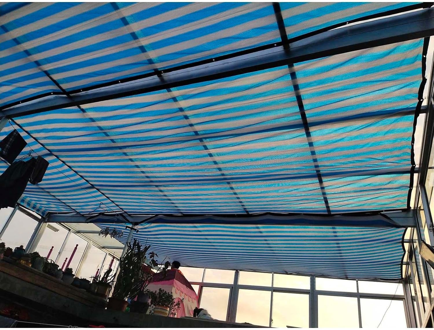 Blue and White Striped Shade Netting,Sunblock Shade Cloth Net With Grommets,90% Shade Mesh,Shade Sail,Greenhouse Garden Pergola Plant Shading Net,Breathable/Uv Resistant,BlueWhite-6x12m(19.7*39.4ft)