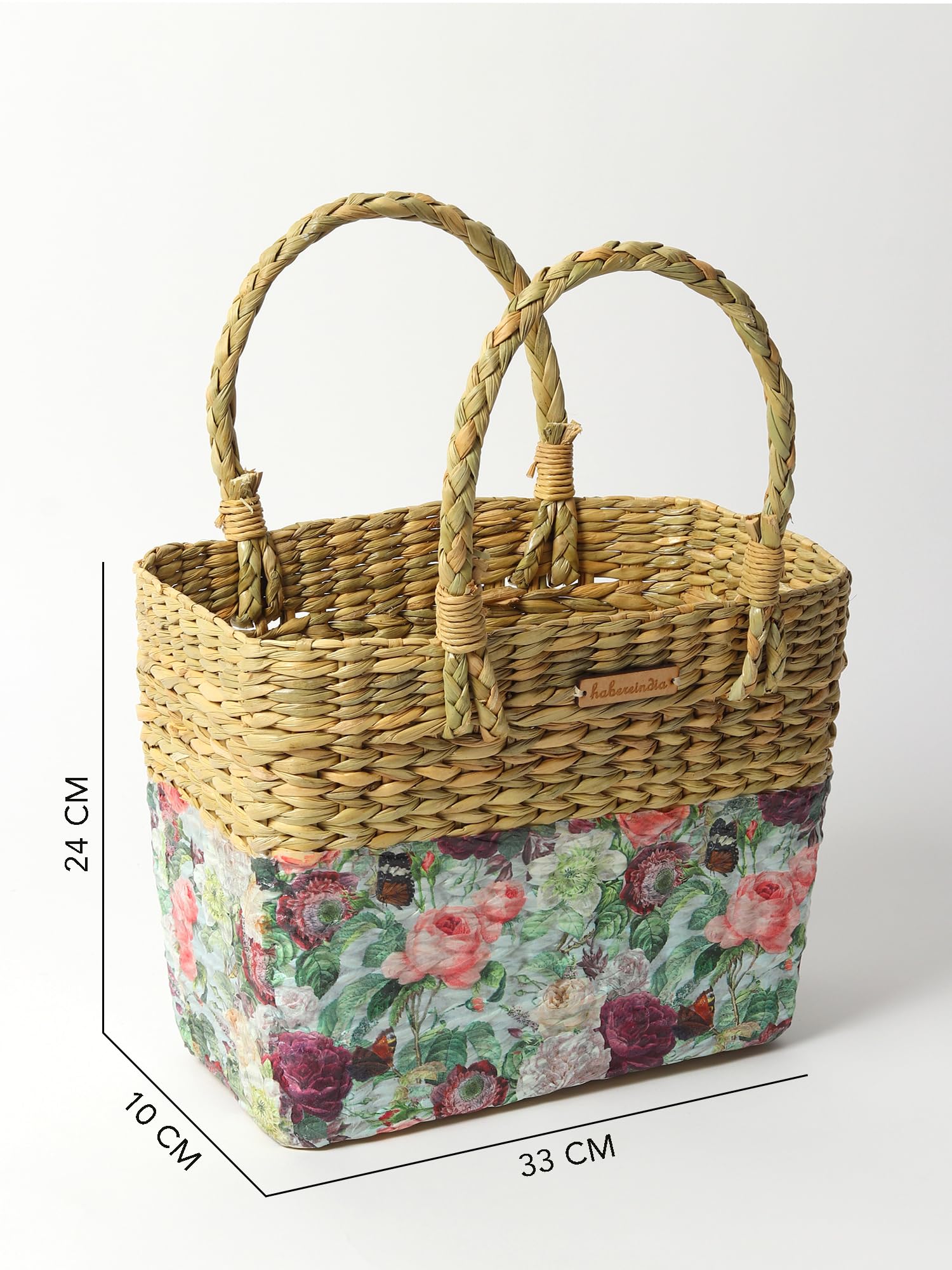 Habere India-All the Cultures Fabricating India Wicker Lunch Basket | Picnic Baskets | Cane or Jute Baskets | Seagrass Rectangular Shopping Basket - Multi (Design 03) 4