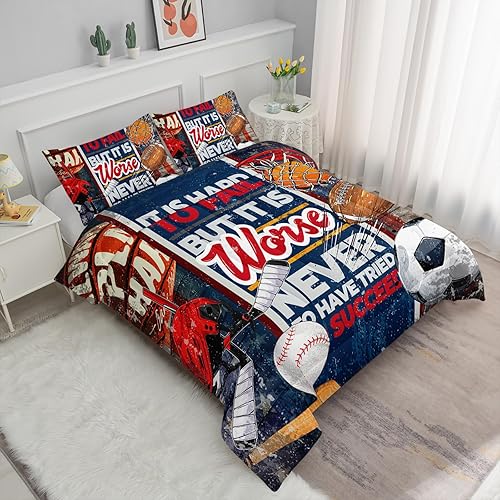 Miniatura 2 de Axolotl Juego de edredón deportivo tamaño Queen, juego de edredón con temática deportiva, juego de ropa de cama de fútbol y béisbol, juego de ropa