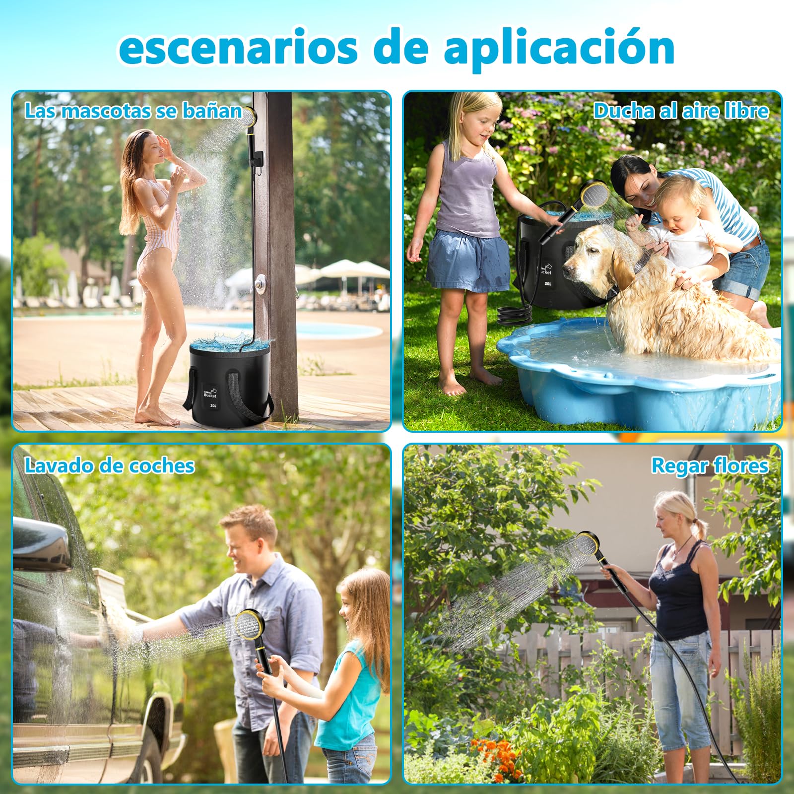 Ducha Portatil Camping,6000mAh Ducha Portatil,IPX7 Impermeable Recargable Ducha,Ducha Móvil Portátil,con Cabeza de Ducha y Manguera de 2 M,Cubo Plegable,para Jardín,Playa,Acampar