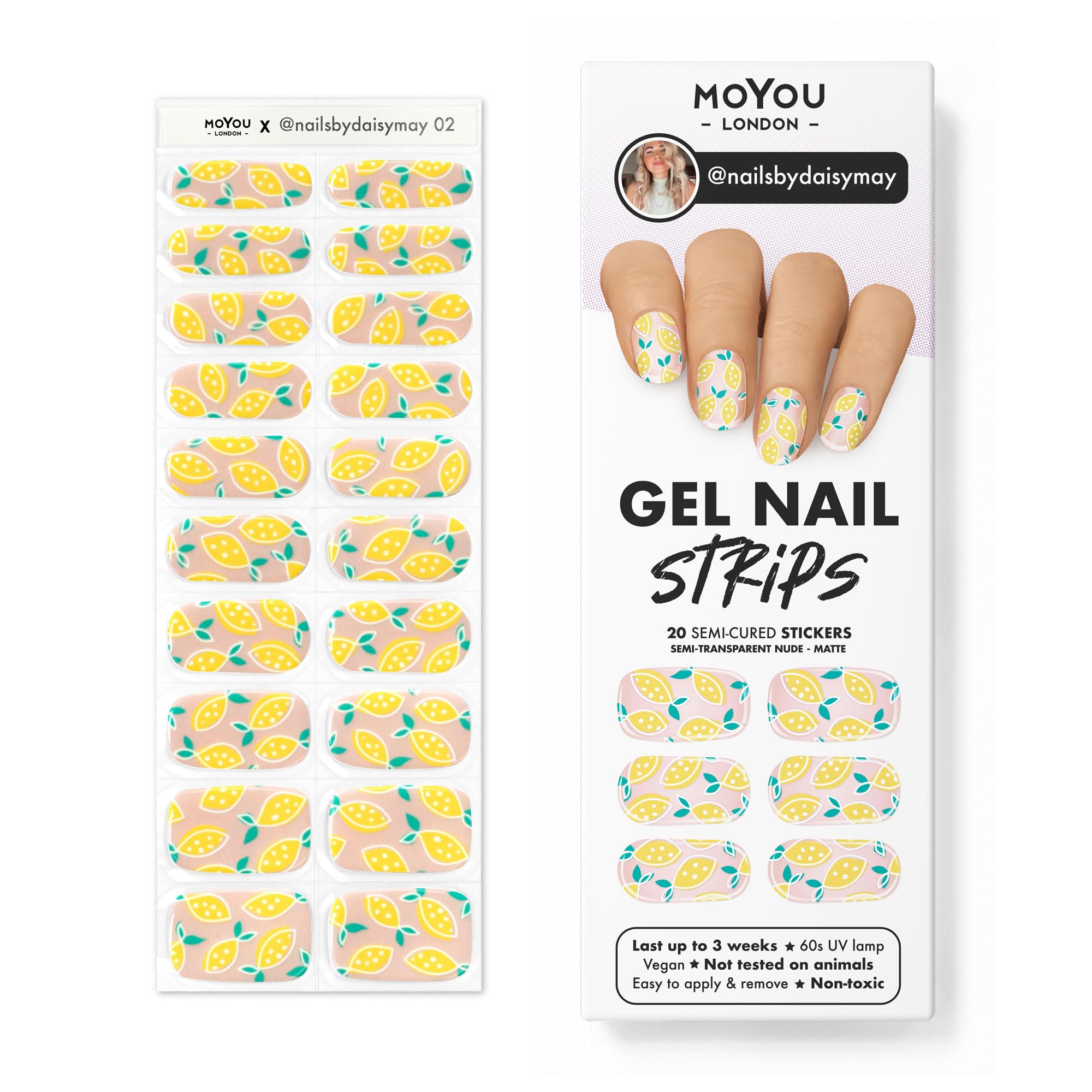 MoYouLONDON Semi Cured Gel Nail Strips - 20 Pcs. Spring Nail Wraps for Salon-Quality Manicure - Works with Any UV Lamp - Easy to Apply, Trim, & Remove Gel Stickers