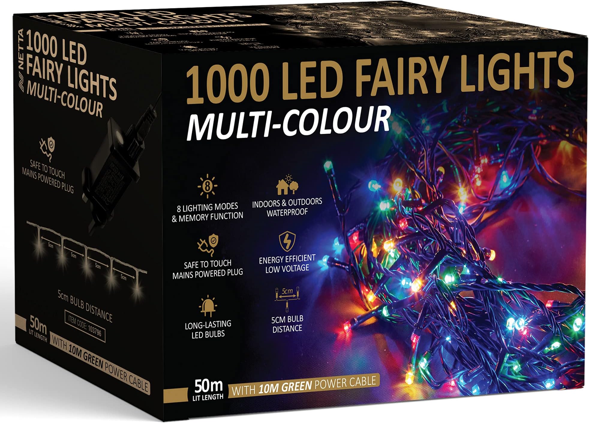 NETTA Christmas Tree Lights Fairy Lights Multi-Colour 1000 LED 50m with 8 Different Modes; for Outdoor & Indoor Use, Xmas Party Decorations - 1000 LED/ 50M Lit-Length