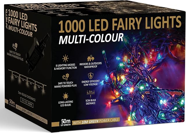 NETTA Christmas Tree Lights Fairy Lights Multi-Colour 1000 LED 50m with 8 Different Modes; for Outdoor & Indoor Use, Xmas Party Decorations - 1000 LED/ 50M Lit-Length