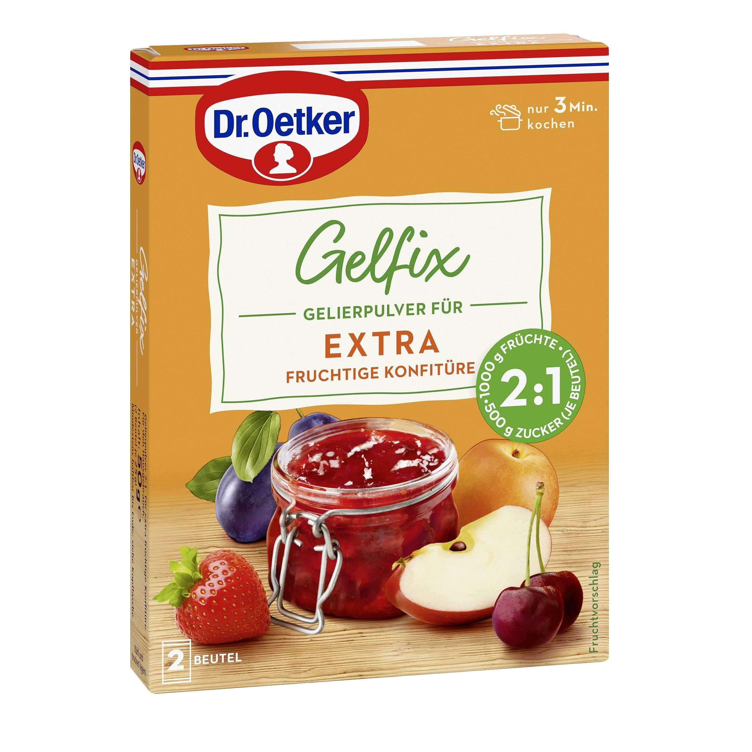 Dr. Oetker Gelfix Extra 2:1, 8 x 50 g (2 Beutel je 25 g), Gelierpulver für extra fruchtige Konfitüre, traditionelles Geliermittel, Konfitüren, Marmeladen & Gelees selber machen, für 2 Teile Frucht und 1 Teil Zucker, vegan