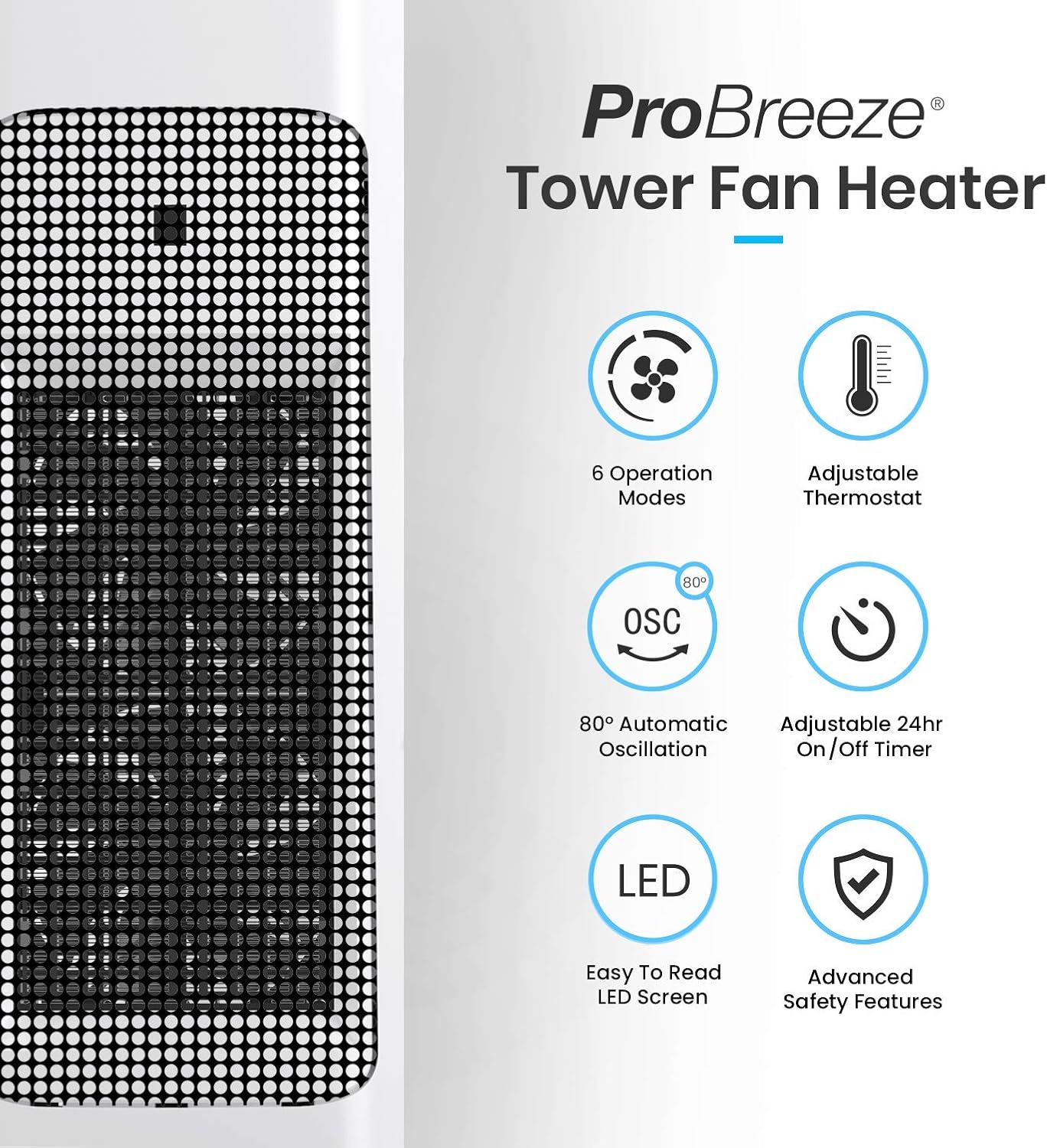 Pro Breeze Space Heater with Digital LED Display, 1500W Tower Heater with Remote Control, Energy Efficient ECO Mode, 80° Oscillation, 24hr Timer, Adjustable Thermostat - Space Heater for Large Room