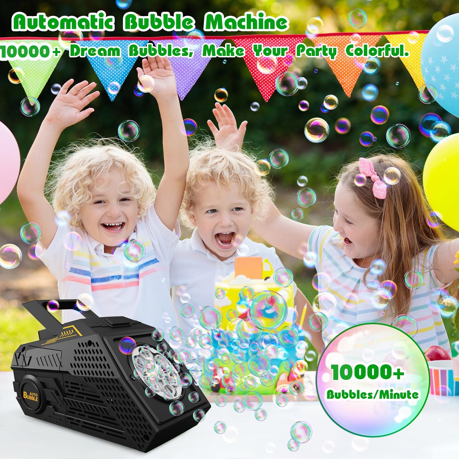 PANACARE Seifenblasenmaschine, Automatische Seifenblasenmaschine 10000+Blasen/Min mit Wiederaufladbare Akku|2*Seifenblasenlösung|Bunte Lichter, Tragbar Bubble Machine für Geburtstag, Party, Hochzeit