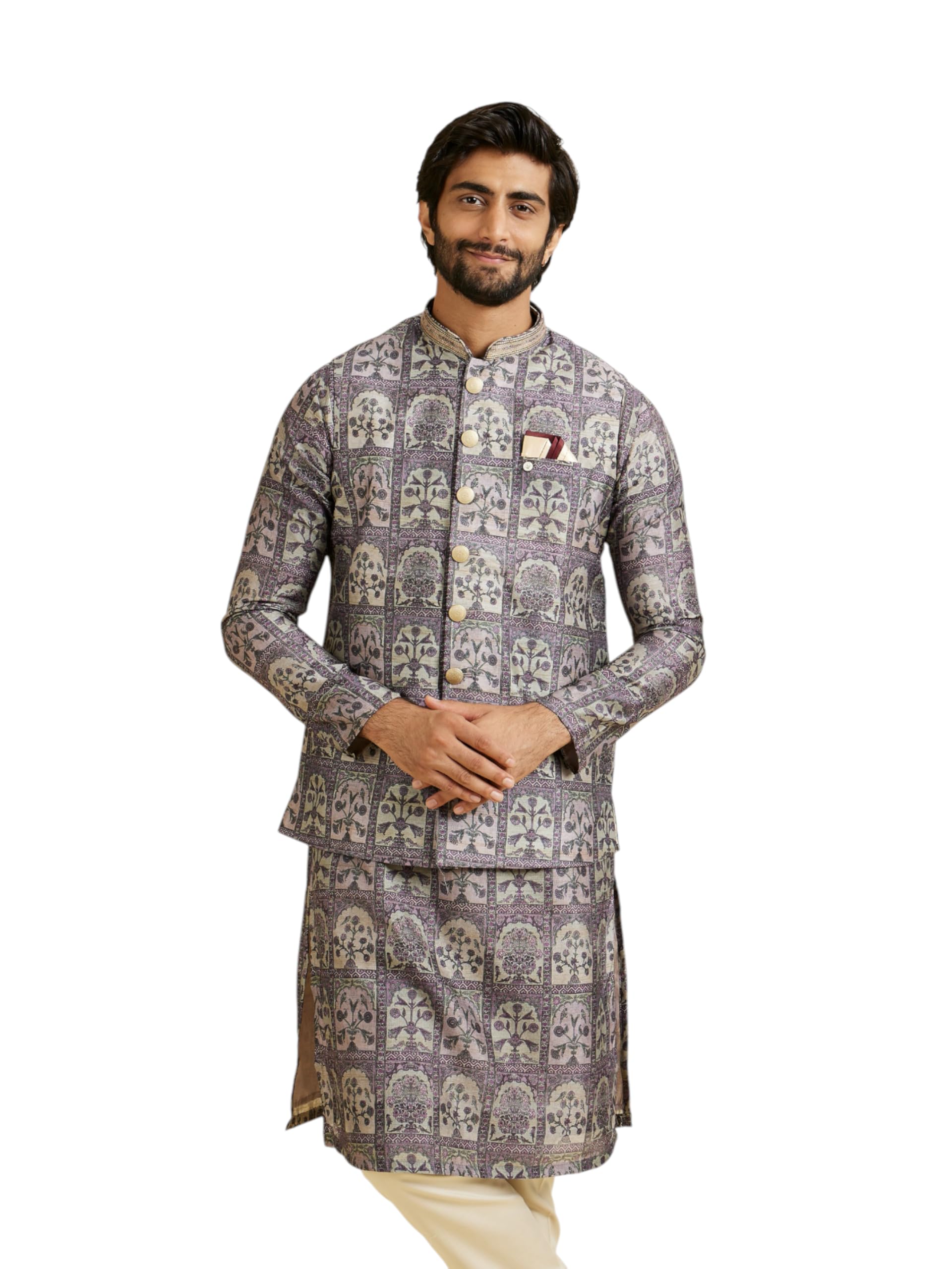 manyavar Men's Art Silk Floral Motifs Printed Jacket (1pc)-picture-35
