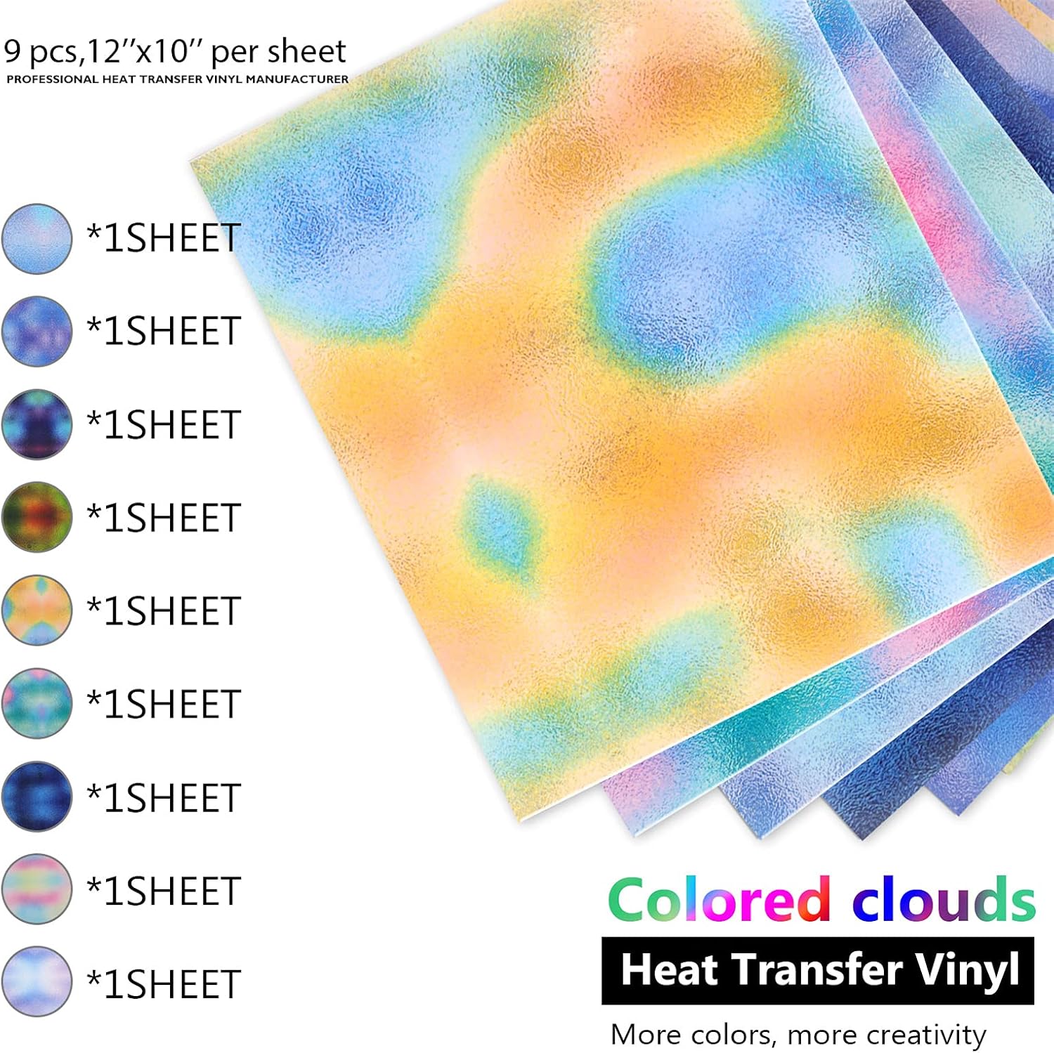Heflashor Gradient Heat Transfer Vinyl Reflective,12" x 10",Colored Cloud Iron-on Vinyl HTV Rolls Bundle for T-Shirts Clothes Fabric,Heat Press Vinyl DIY Supplies(9pcs Assorted Colors,1pcs Teflon)